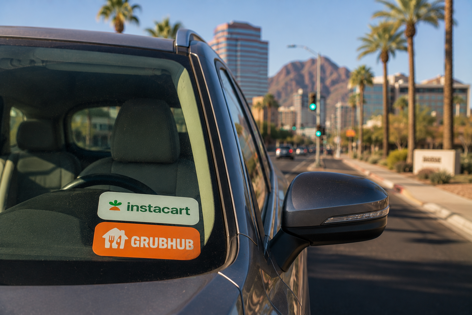 Close-up of a car's front windshield with stickers for Instacart and Grubhub, against a cityscape with palm trees, tall buildings, and mountains in the background on a sunny day.