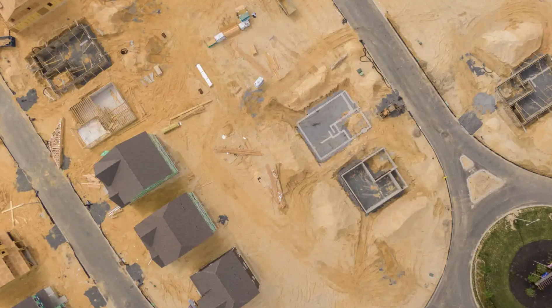 A survey-grade orthomosaic map of a building site, taken by aerial drone.