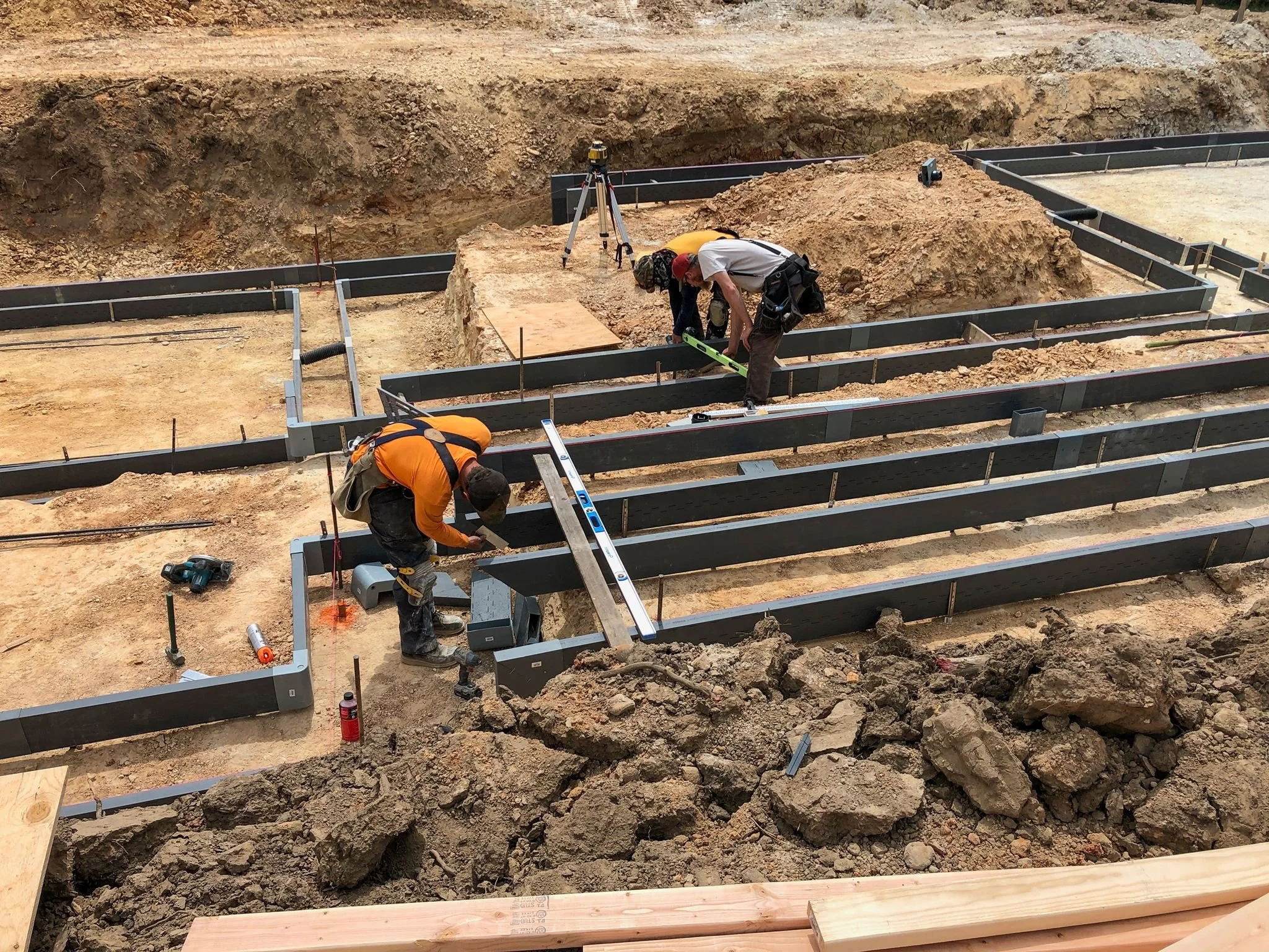 Form-A-Drain polymer forms being assembled for the footings of a foundation for a custom home in Coeur D'Alene.
