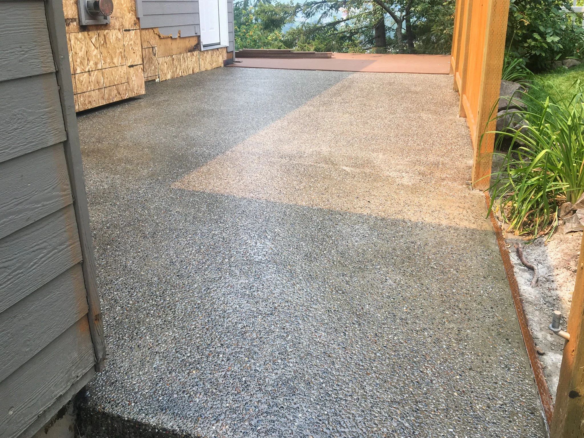 Decorative texture finish for concrete flatwork in a North Idaho patio.