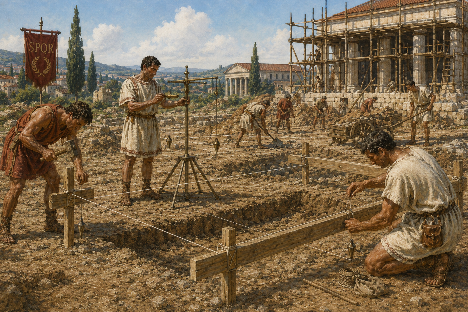 Illustration of Roman soldiers and workers using Batter Boards to mark the excavation of a building site in ancient Rome.