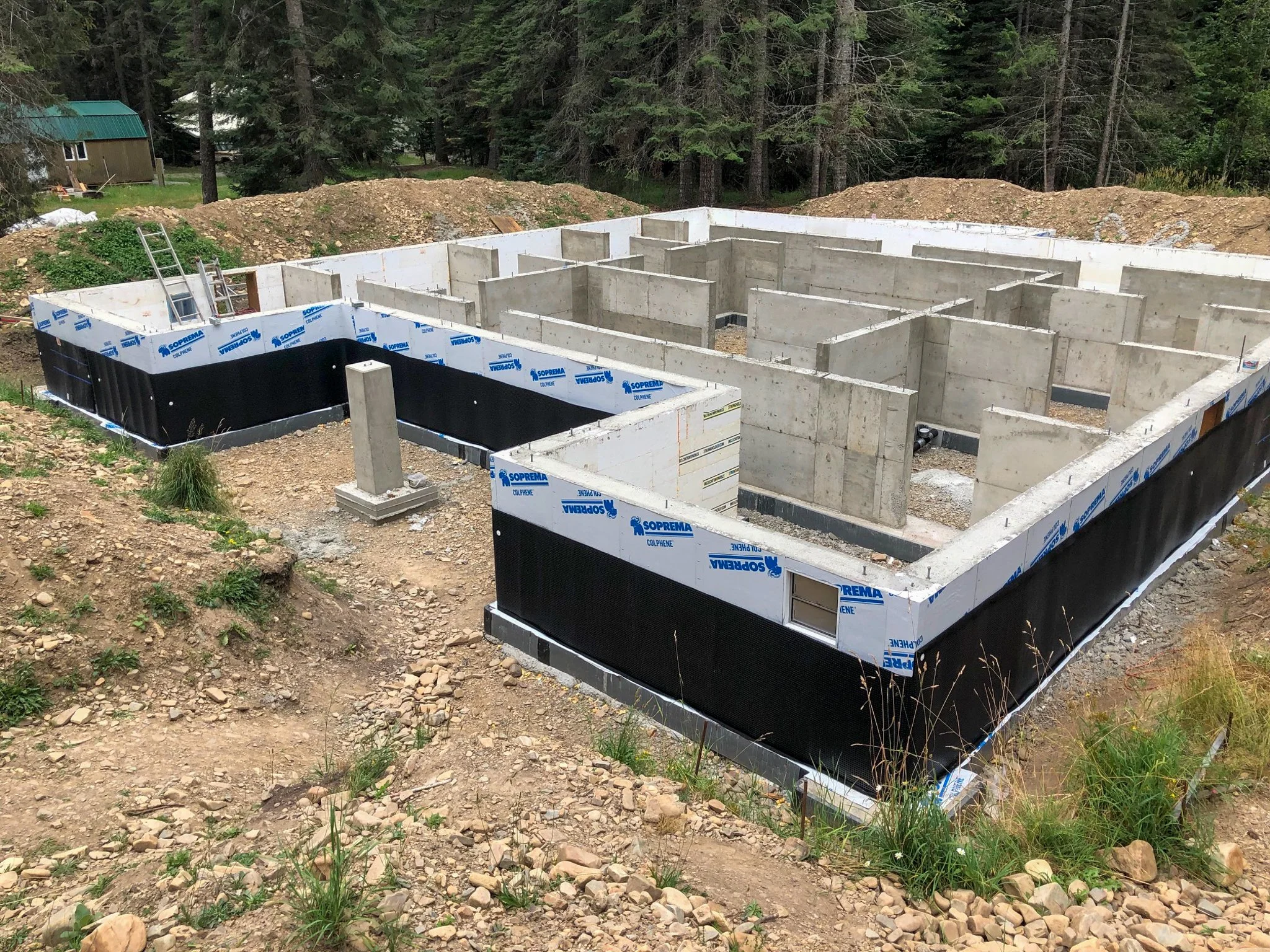ICF-formed foundation, poured and cured, for a custom home in North Idaho.