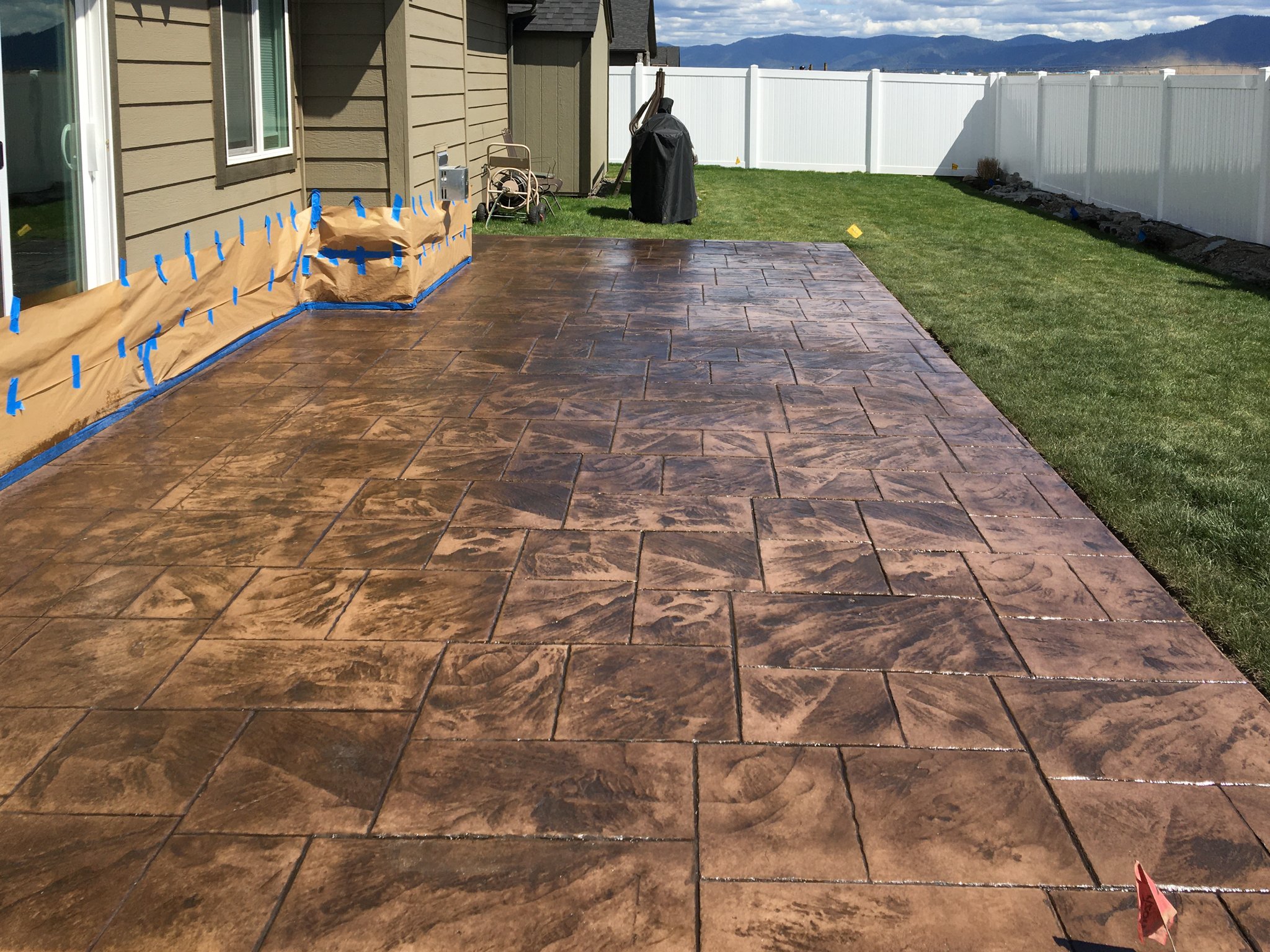 Concrete stamped finish for a patio in North Idaho.