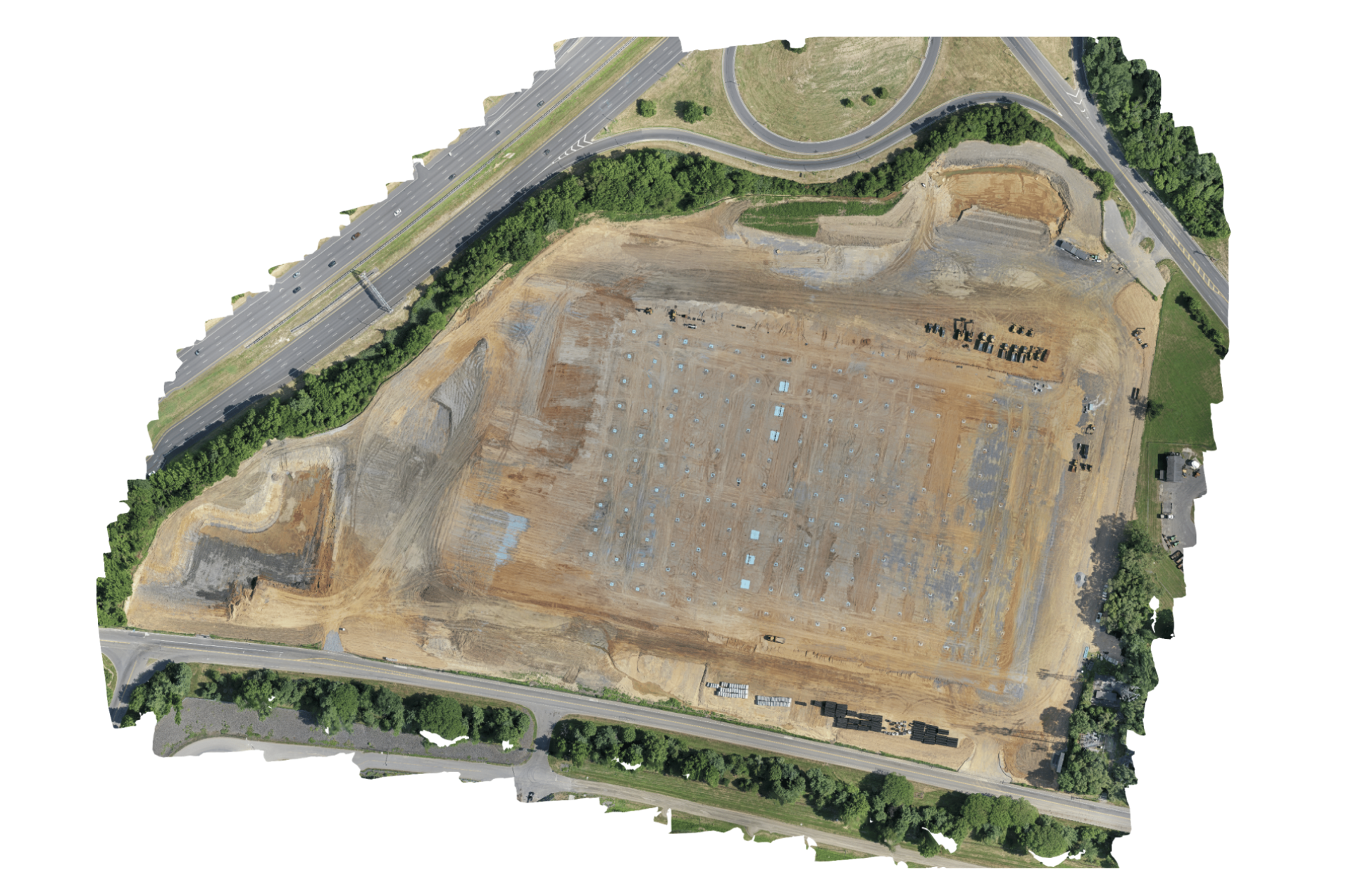 A survey-grade orthomosaic map of a building site, taken by aerial drone.