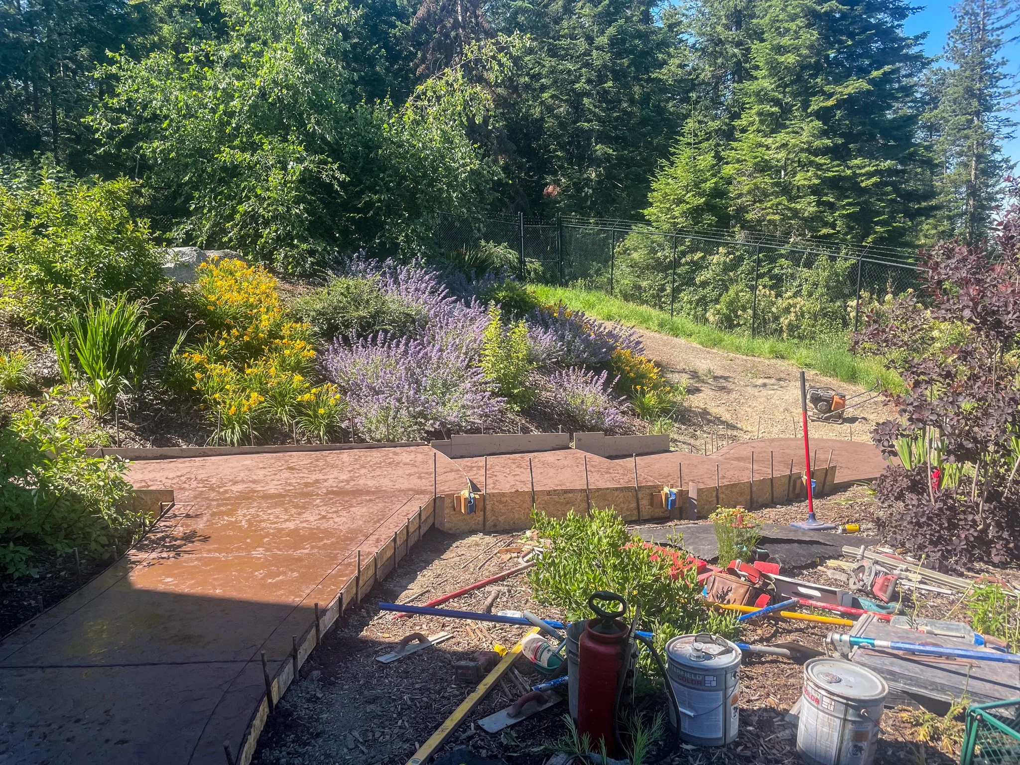 A garden with plants and flowers being landscaped, with construction tools and supplies visible, including a red fire extinguisher, cans of paint or stain, and orange and blue tools over a dirt pathway, with a black fence and tall green trees in the 
