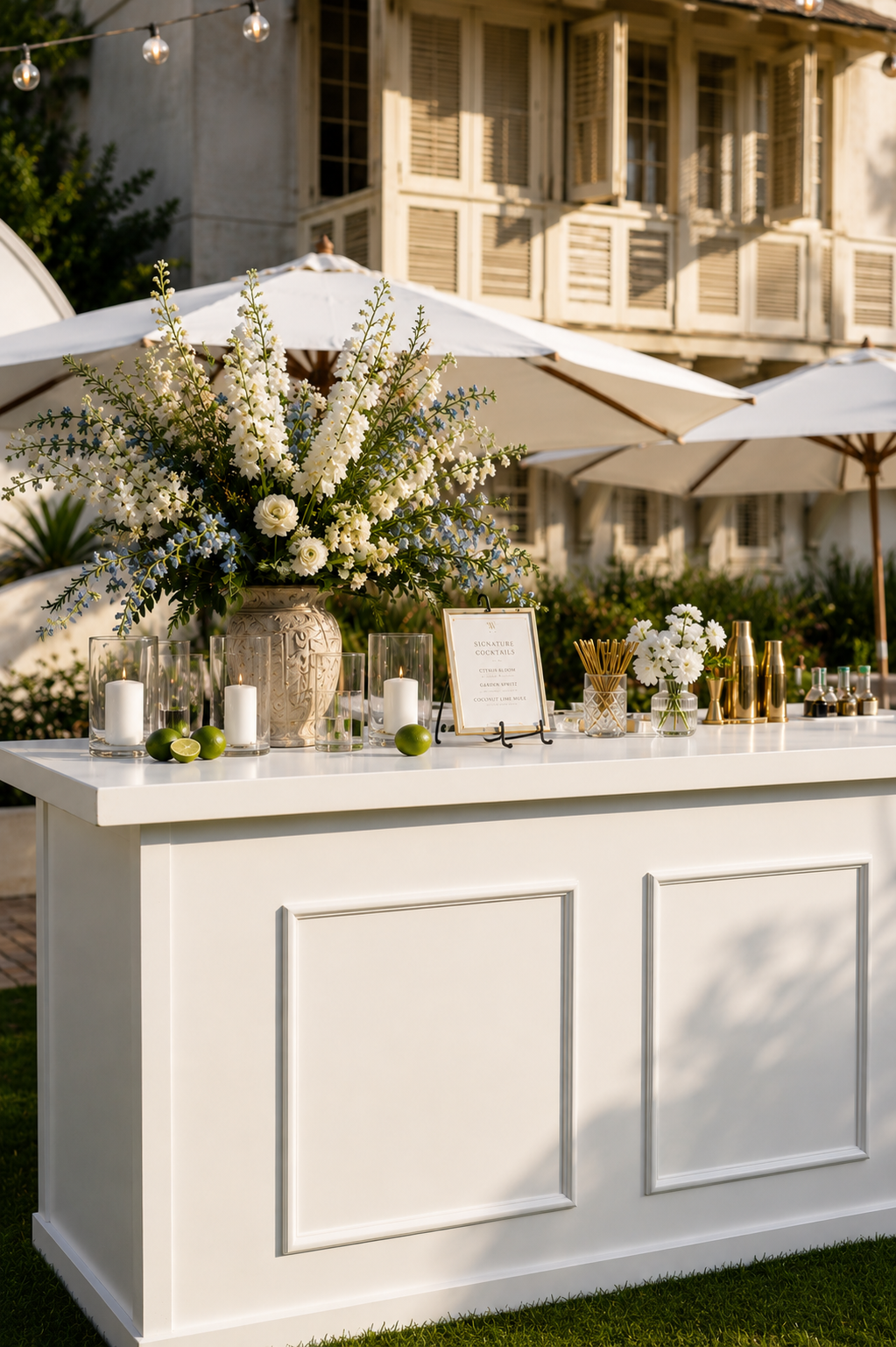 An outdoor bar table decorated with a large white floral arrangement, candles, and cocktail ingredients, under string lights and umbrellas, at sunset.