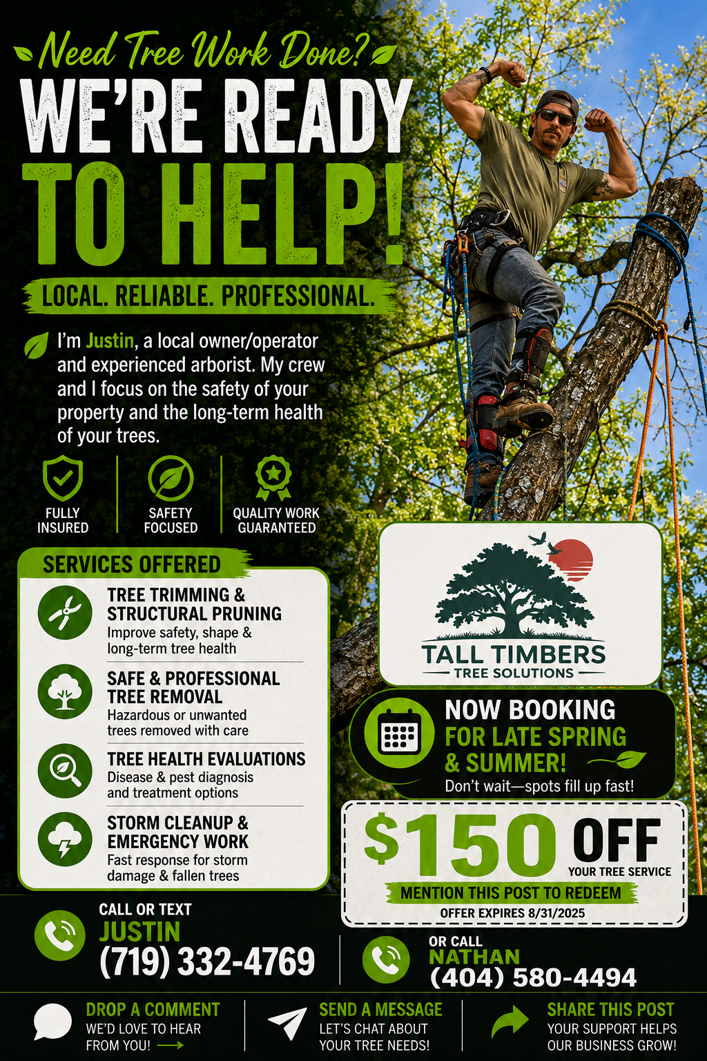 Flyer advertising tree trimming and removal services from Tall Timbers Tree Solutions, featuring a man climbing a tree with safety gear, with text highlighting services, contact info, and a discount offer.