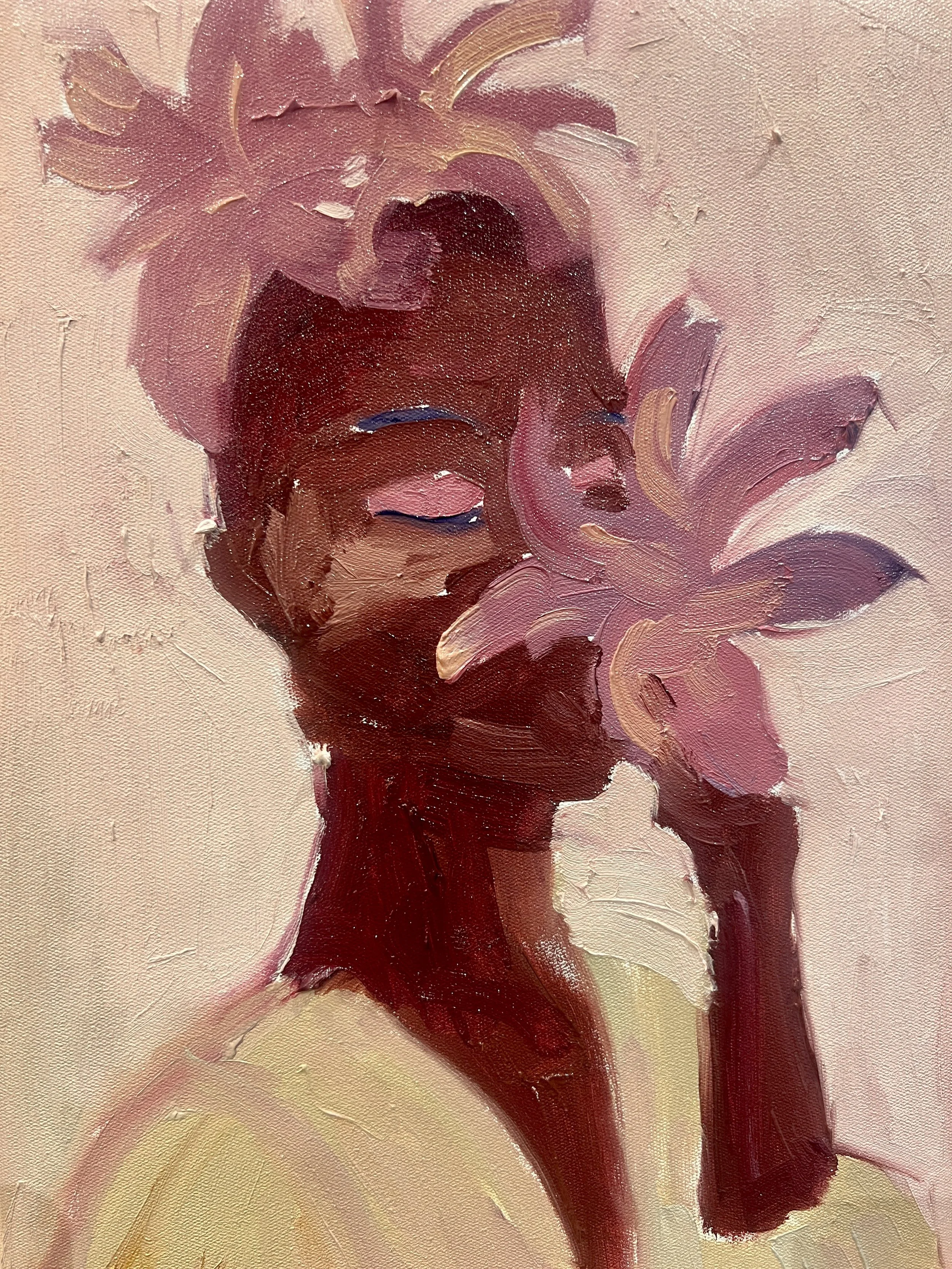 A woman holding a pink flower in front of her face with closed eyes, painted in an impressionistic style with bold, expressive brushstrokes.