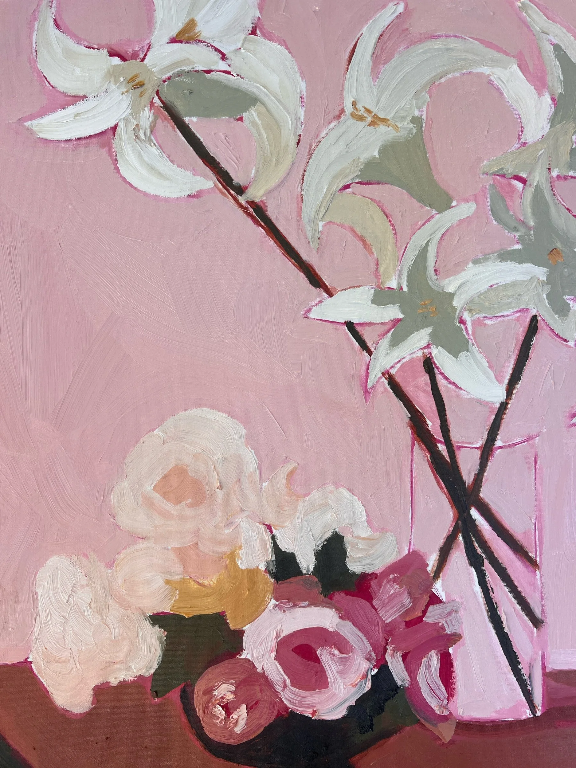 A still life painting of white lilies and pink roses in a dark vase against a pink background.