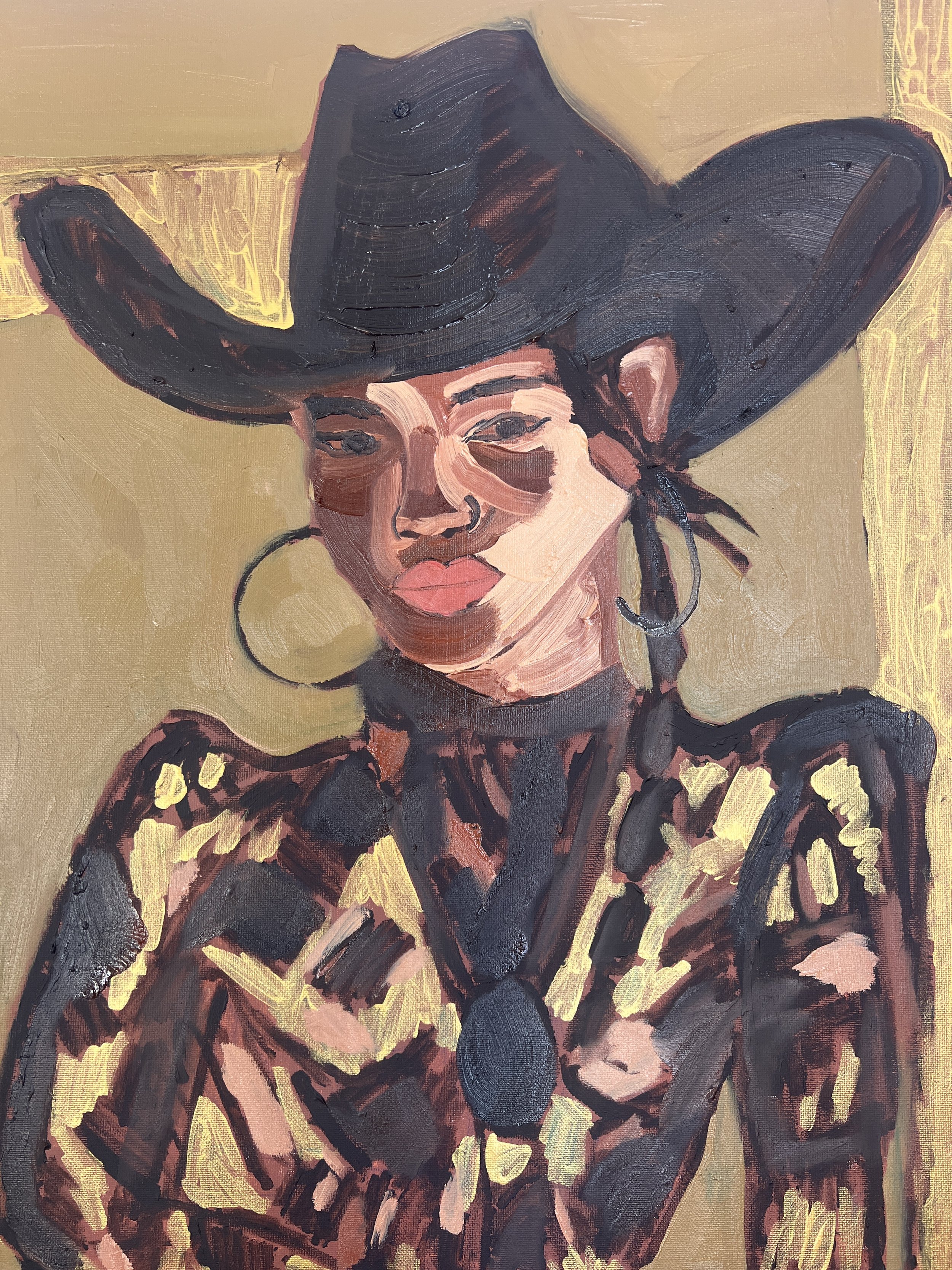A portrait of a woman wearing a large black cowboy hat, gold earrings, a nose ring, a black turtleneck, and a patterned jacket with shades of yellow, black, and brown.