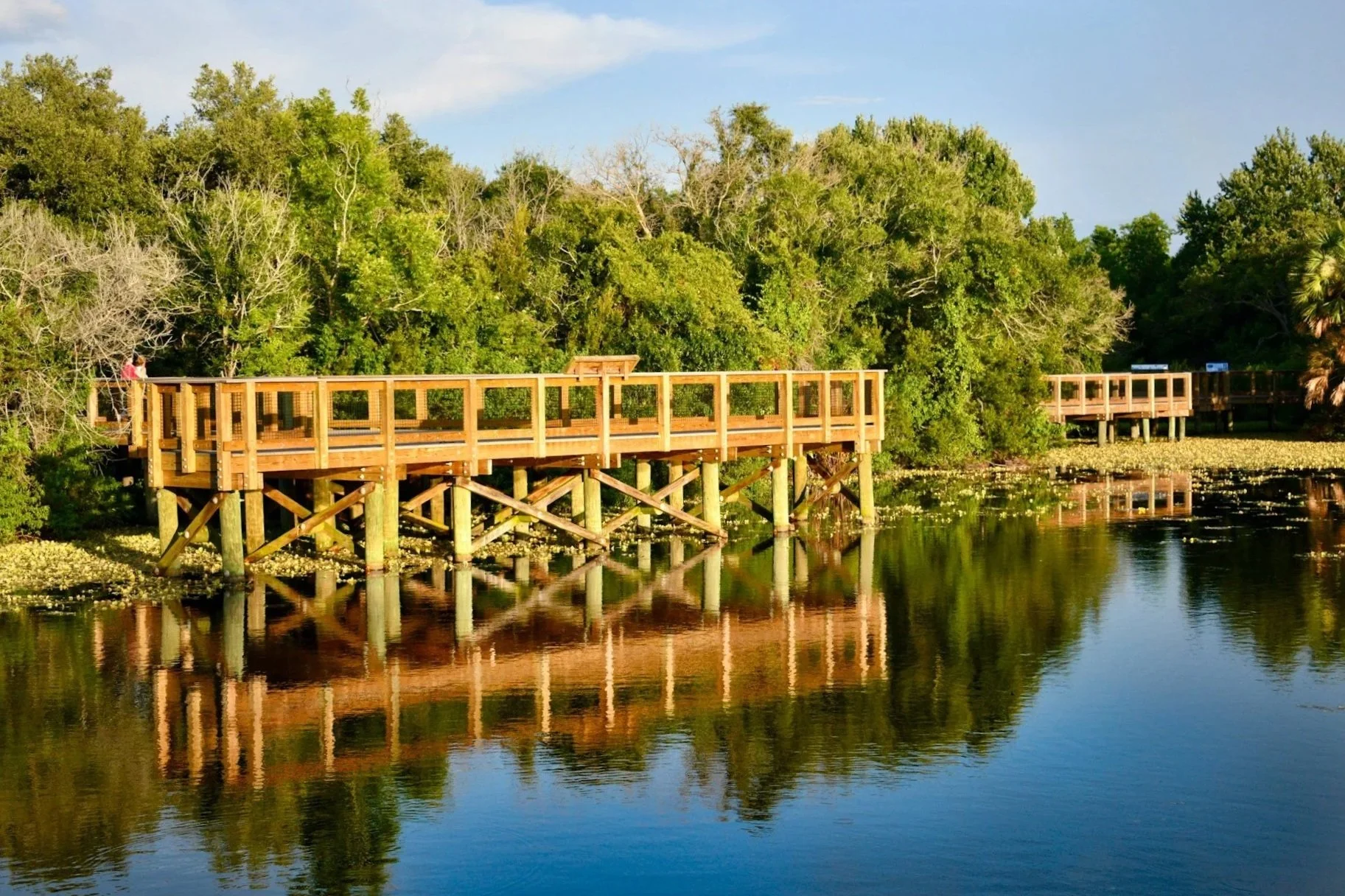 A view of the newly remodeled wooden observation deck at Eagle Lake Park in Largo, FL, perfect for bird watching.