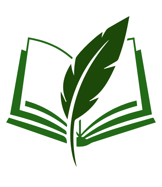 A stylized icon of an open book with a feather quill resting on the pages, symbolizing storytelling and writing.
