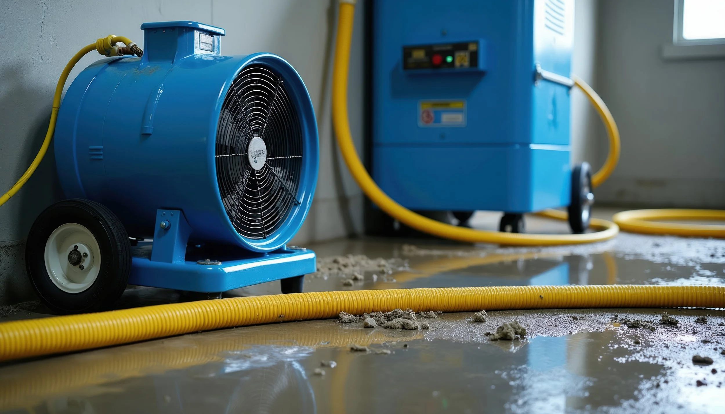 Blue industrial fan or blower with yellow hoses connected, situated on a wet floor with water and debris, in a room with gray concrete walls and a window.