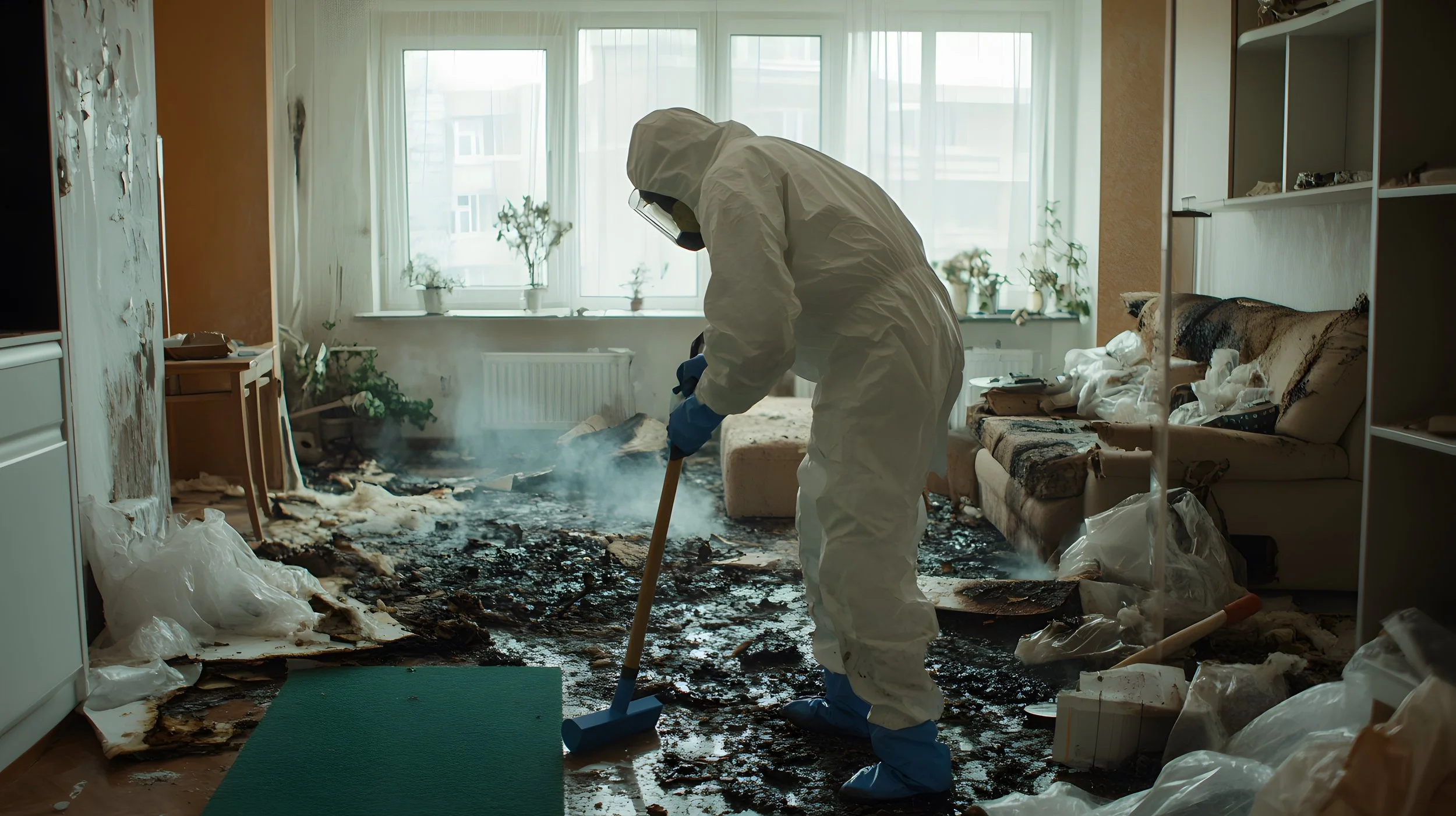 A person in protective gear cleaning up after a fire in a living room, with burned debris and soot on the floor, sofa, and surrounding furniture.