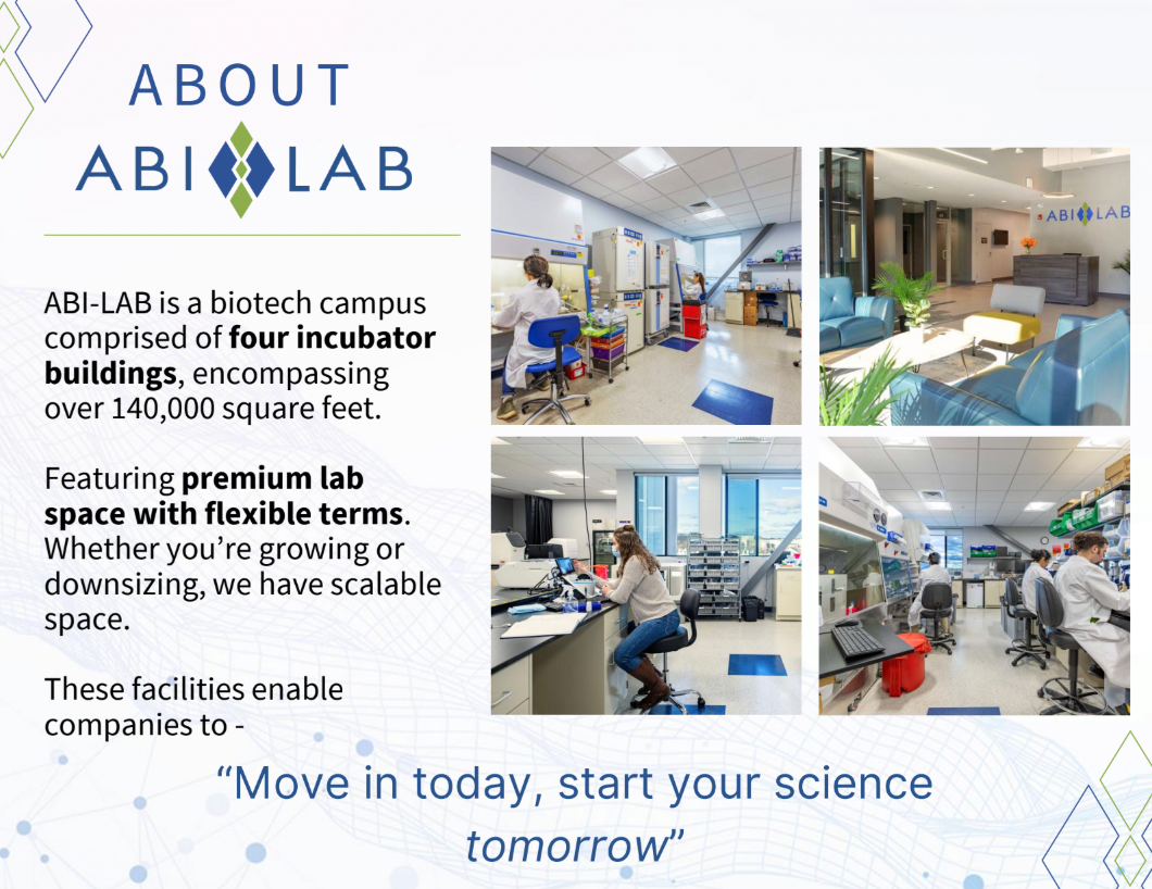 Information board about ABI-LAB biotech campus, showing images of laboratory and office spaces.