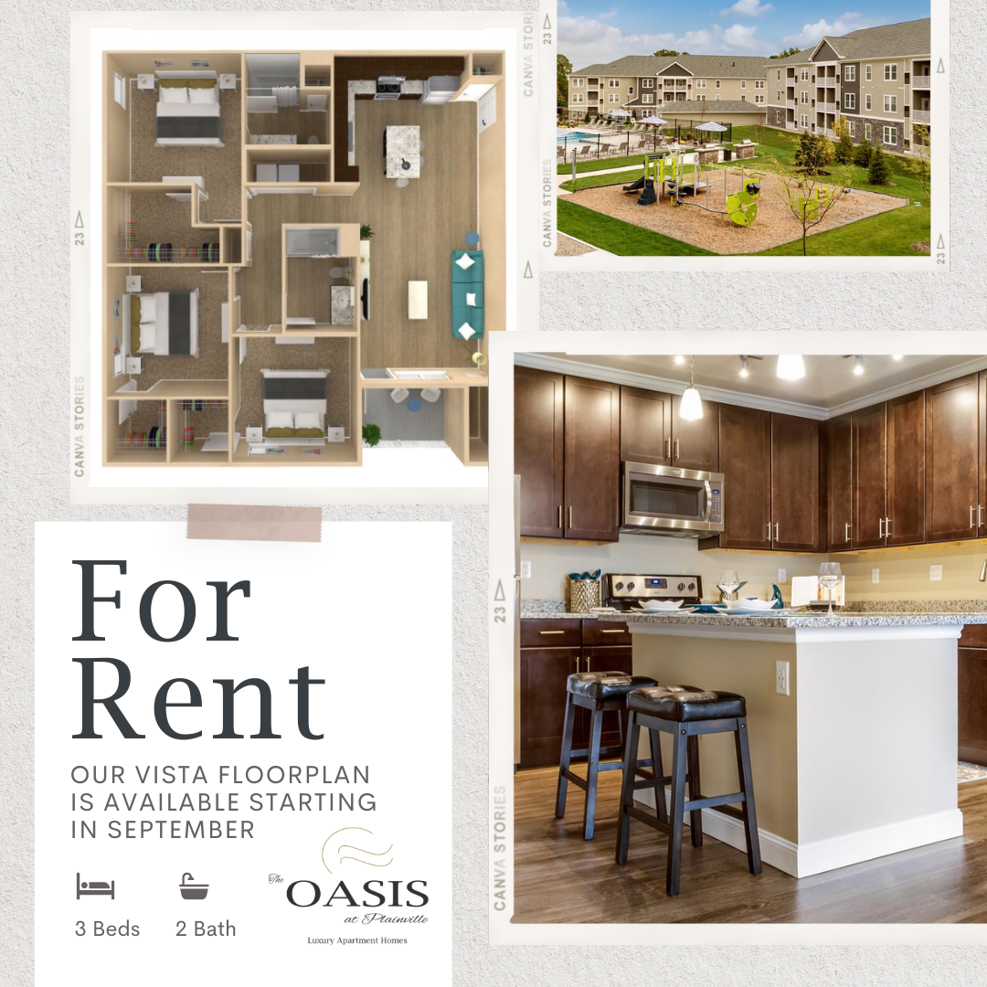 A flyer for The Oasis at Plainville luxury apartment homes advertising a 3-bedroom, 2-bath rental starting in September. It features a floor plan, outdoor playground, and kitchen interior.