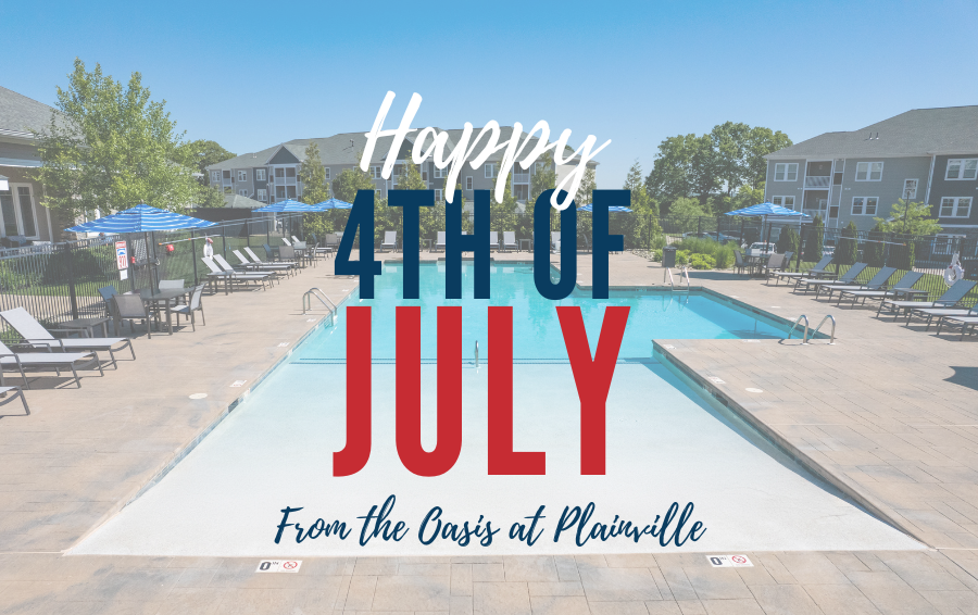 A community swimming pool with lounge chairs and umbrellas, decorated with a festive 4th of July message overlay that says, "Happy 4th of July from the Oasis at Plainville."