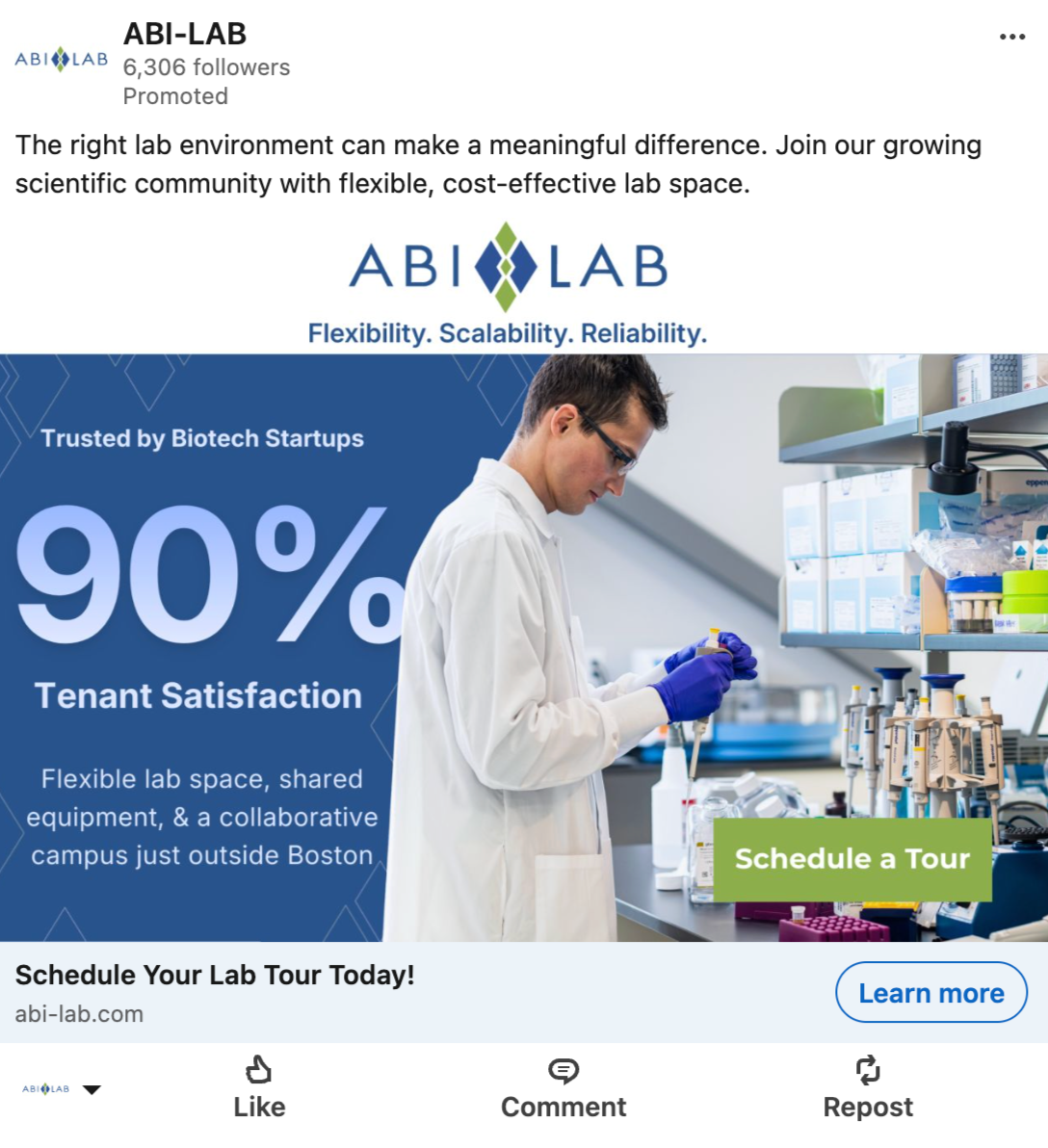 A scientist in a laboratory, wearing a white lab coat and purple gloves, working with laboratory equipment and test tubes. The image is part of an advertisement for ABI-LAB, highlighting flexible lab space, with a green button labeled 'Schedule a Tour' and a call to action to schedule a lab tour.