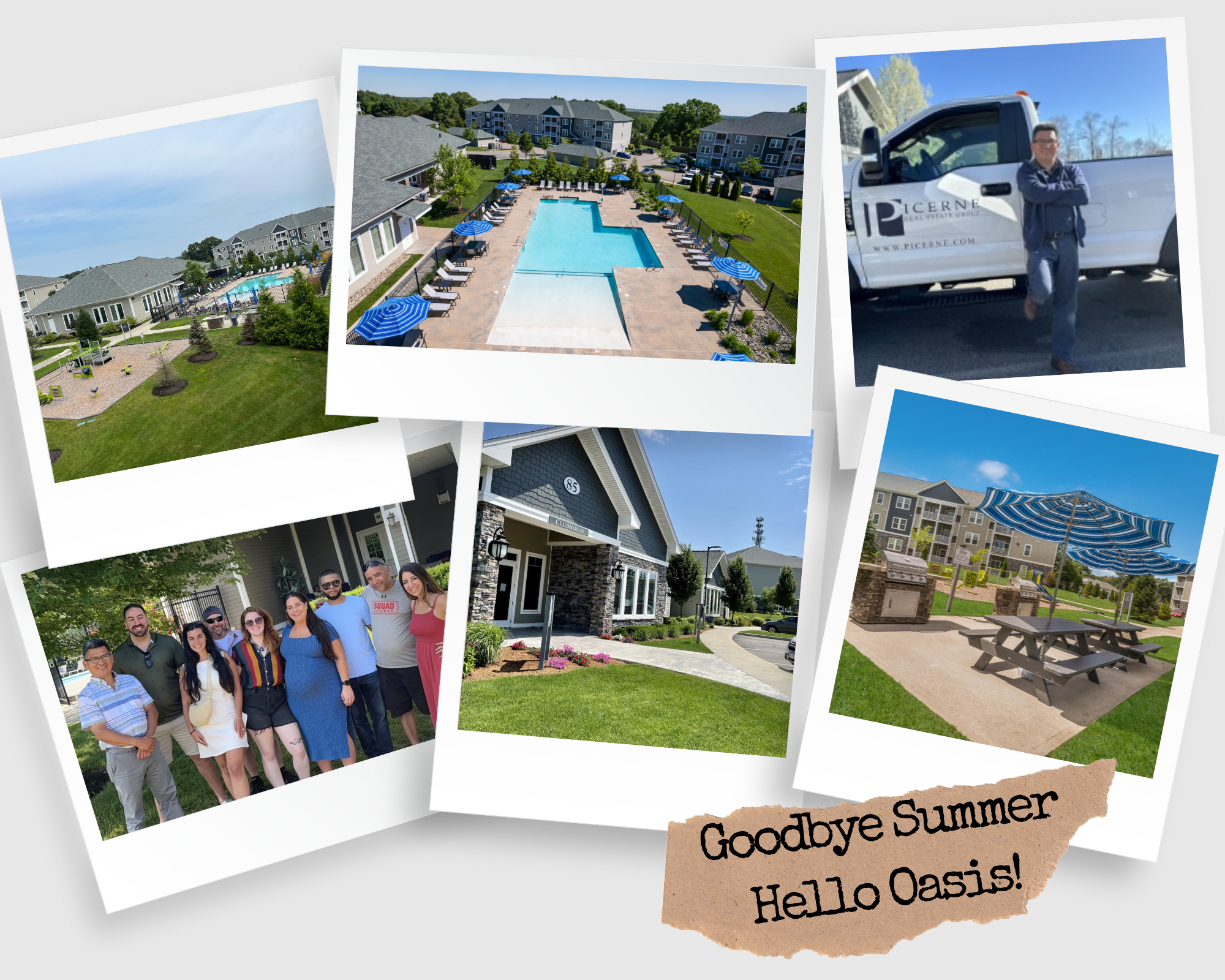 Collection of photographs showcasing a modern apartment complex with a swimming pool, outdoor seating with blue umbrellas, and lush landscaping; a group of diverse happy people smiling together outdoors; a man standing beside a pickup truck with a real estate company logo; apartment building entrances and amenities; a playground area; and a sign with the message 'Goodbye Summer Hello Oasis!'