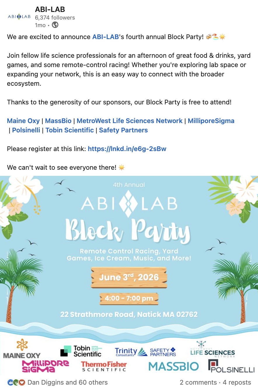 Event flyer for ABI-LAB's 4th Annual Block Party on June 3, 2026, from 4:00 to 7:00 pm at 22 Strathmore Road, Natick MA, featuring remote control racing, yard games, ice cream, music, and more, with sponsor logos at the bottom.