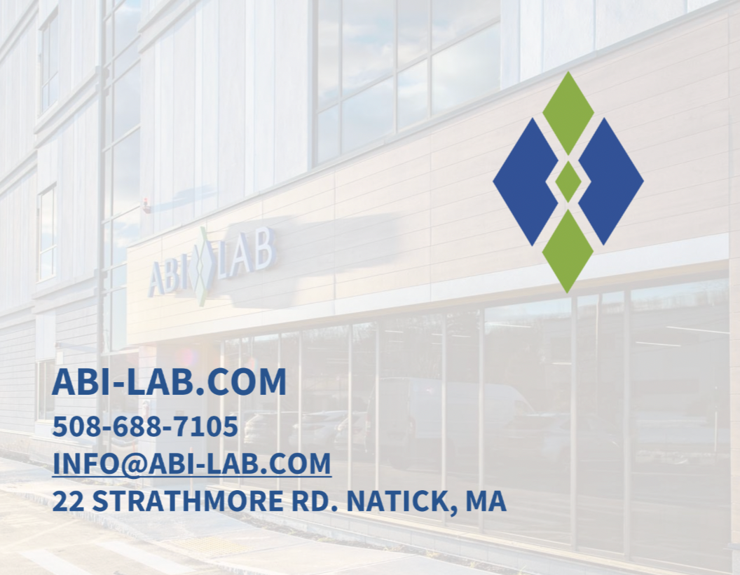 Contact information for ABI-LAB on a building background, including website, phone number, email, and address in Natick, Massachusetts, with a logo featuring green and blue diamonds.