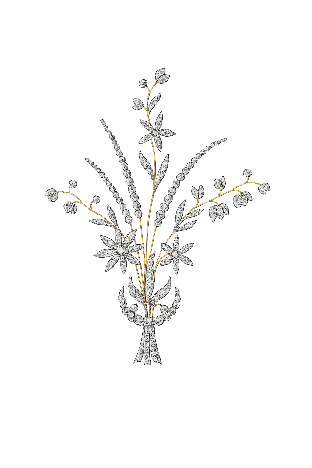 A decorative brooch or jewelry piece with silver and gold elements, resembling a bouquet of flowers and leaves against a black background.