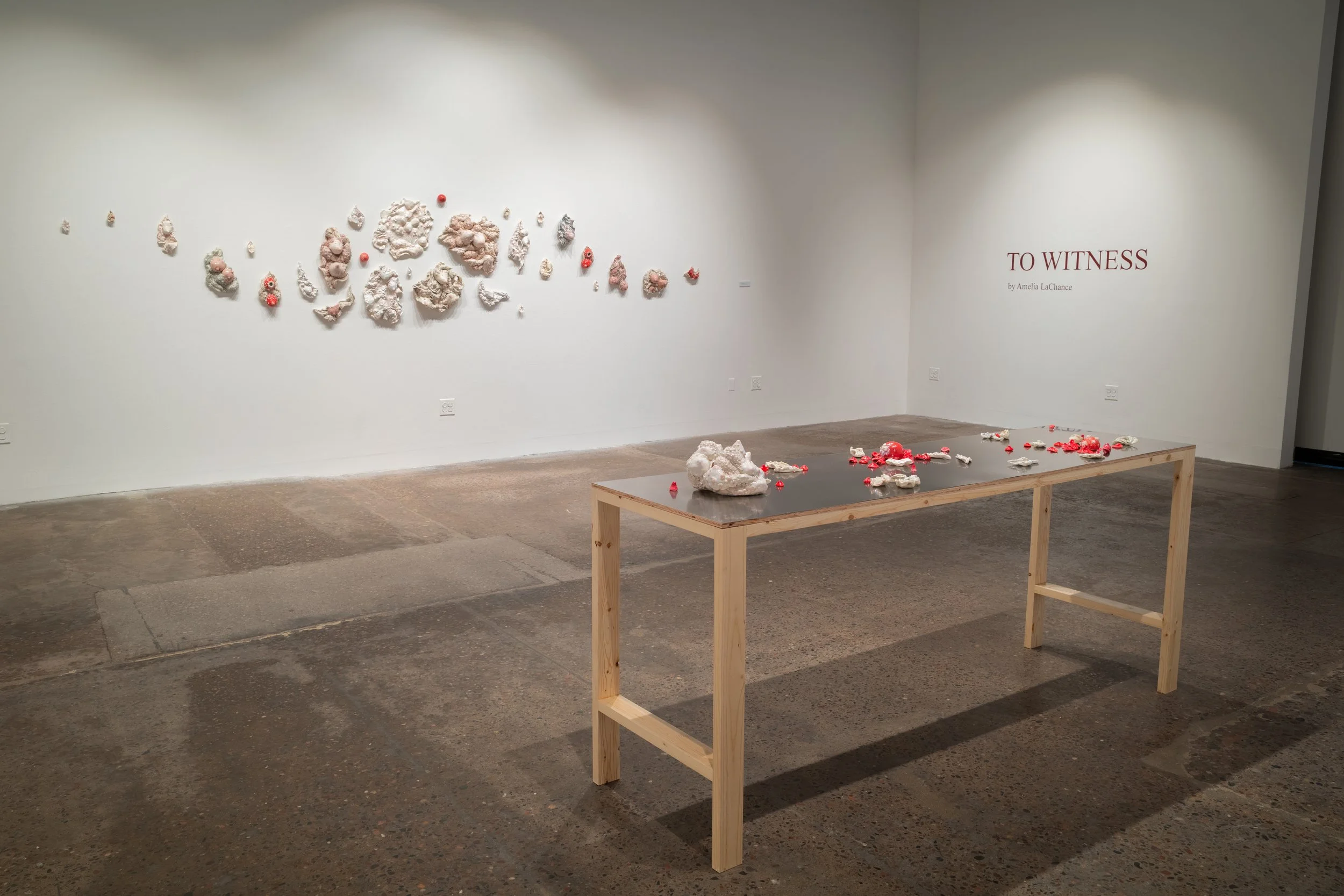 Art installation with textured, organic shapes on a white wall, displayed alongside a wooden table with similar forms and red accents, titled 'To Witness'.