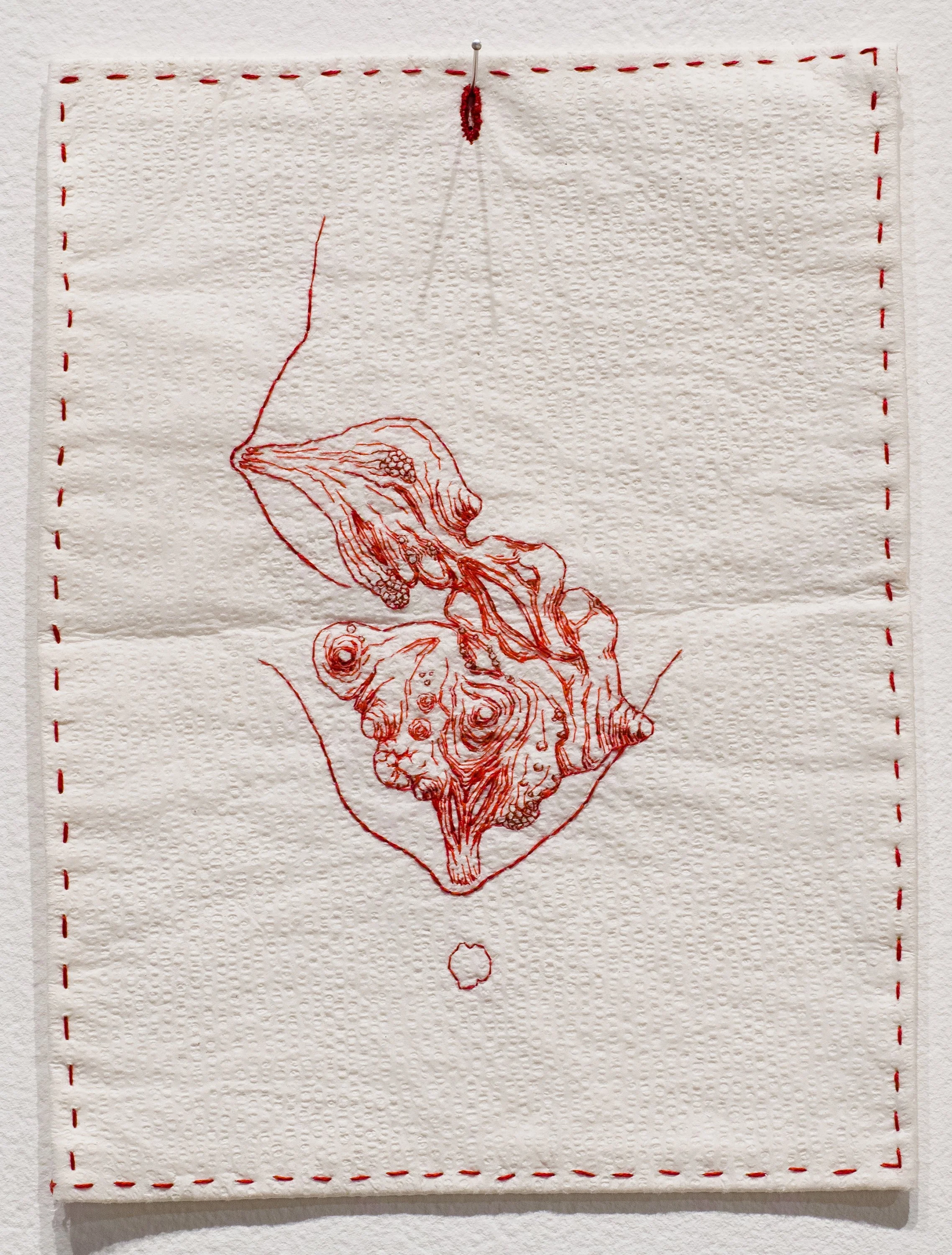 A piece of medical drape with a red embroidered design.
