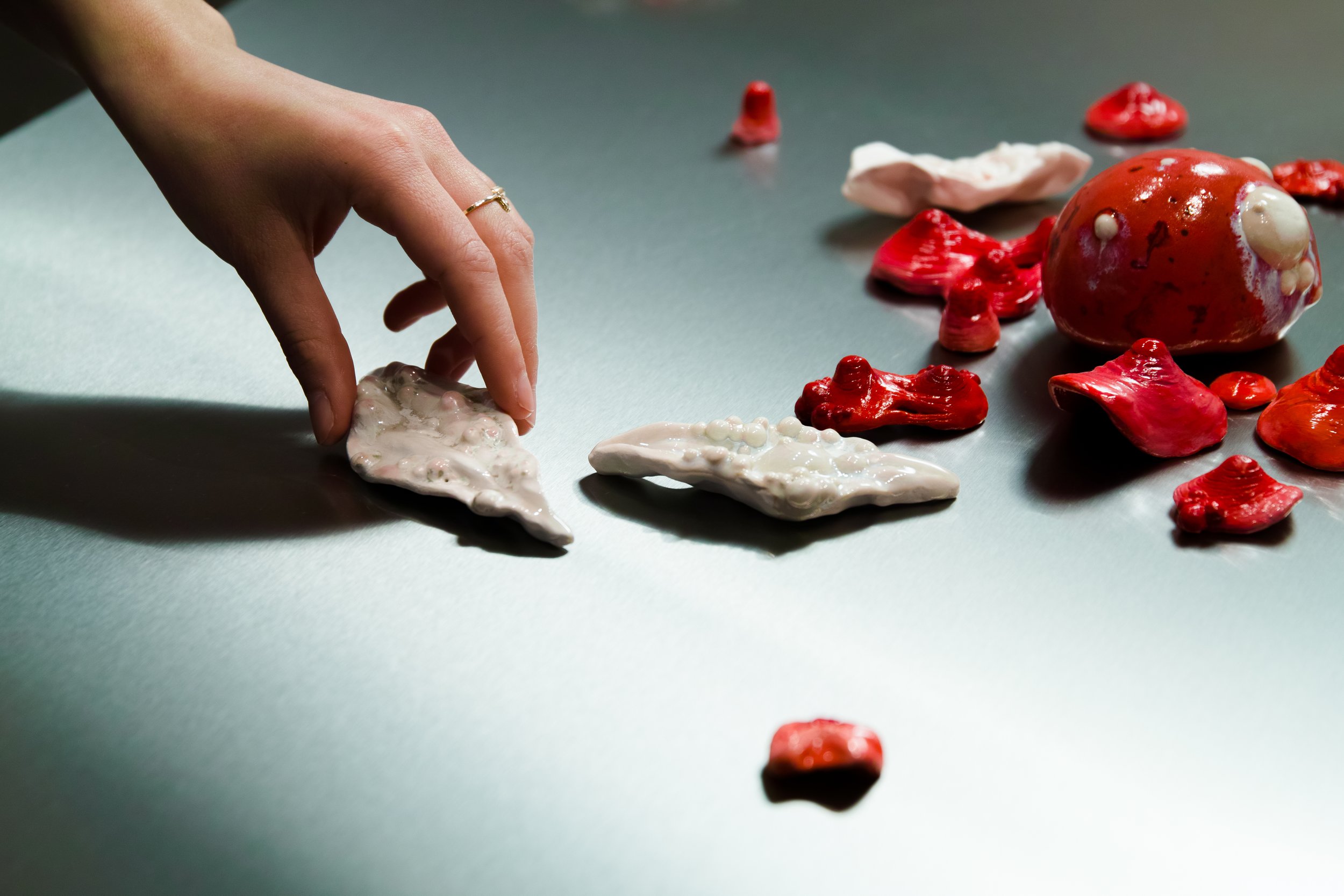 small ceramic artwork on reflective stainless steel surface
