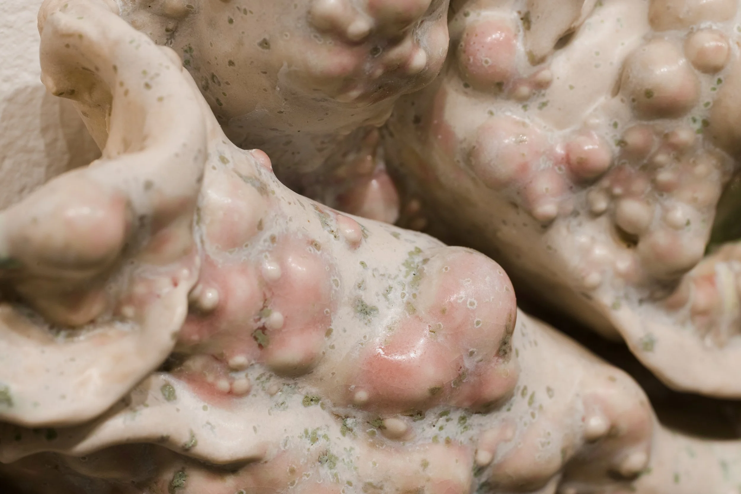 Close-up of a textured, bumpy surface with pink, green, and white colors, resembling a natural organic formation.
