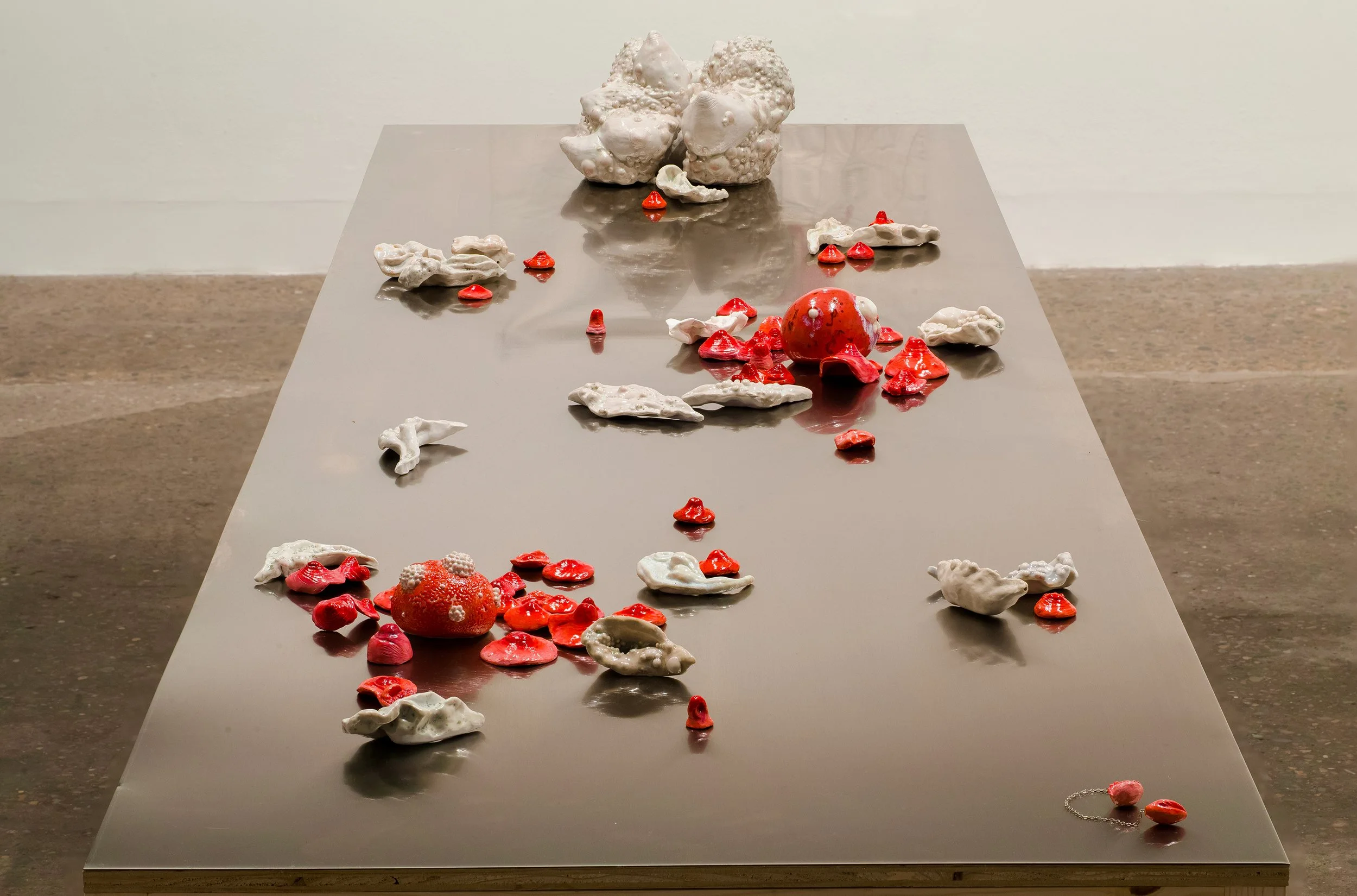 An art installation on a long gray table featuring white textured sculptures and small red objects, with some reflective surfaces and a plain room background.
