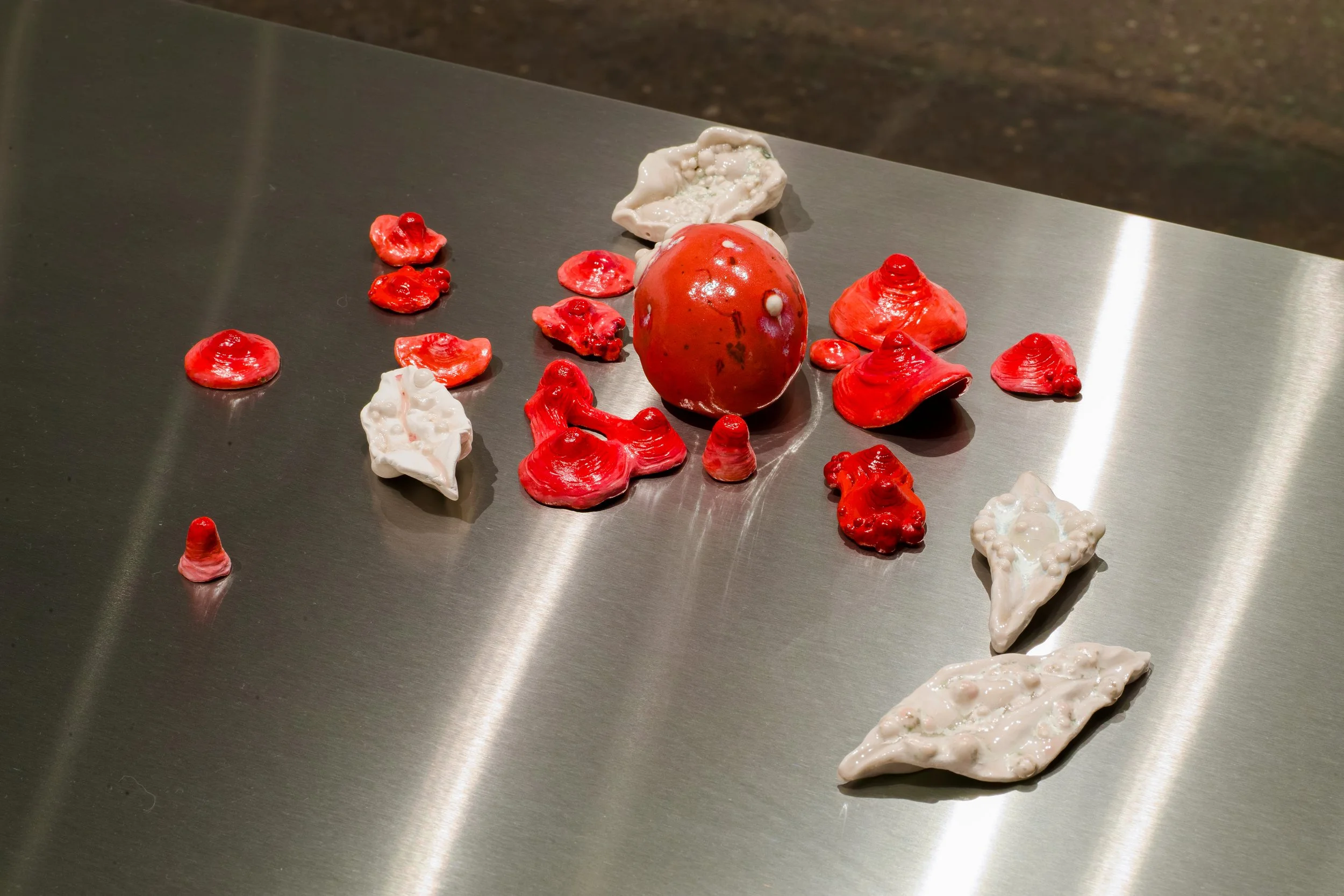 small ceramic artwork on reflective stainless steel surface