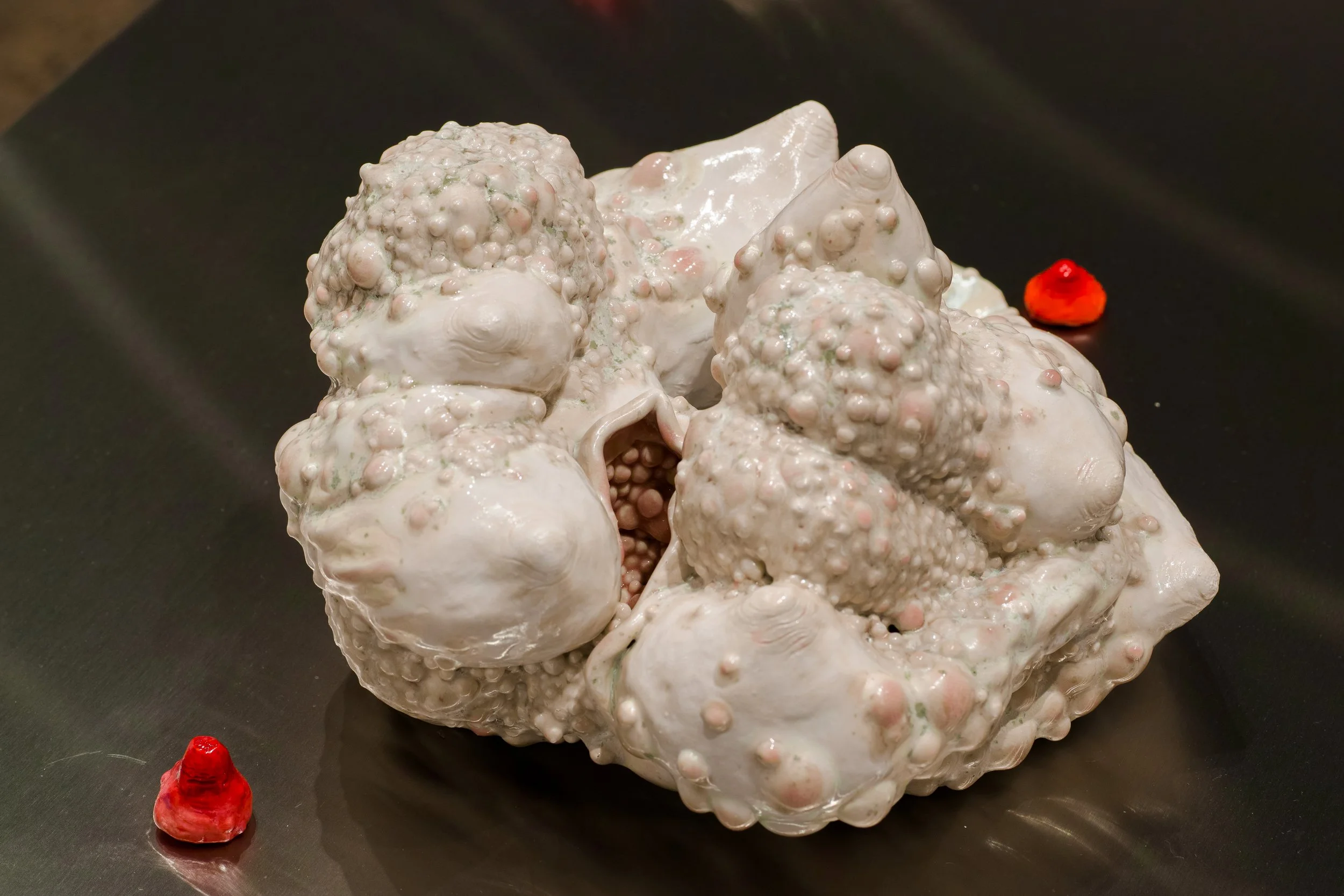 small ceramic artwork on reflective stainless steel surface