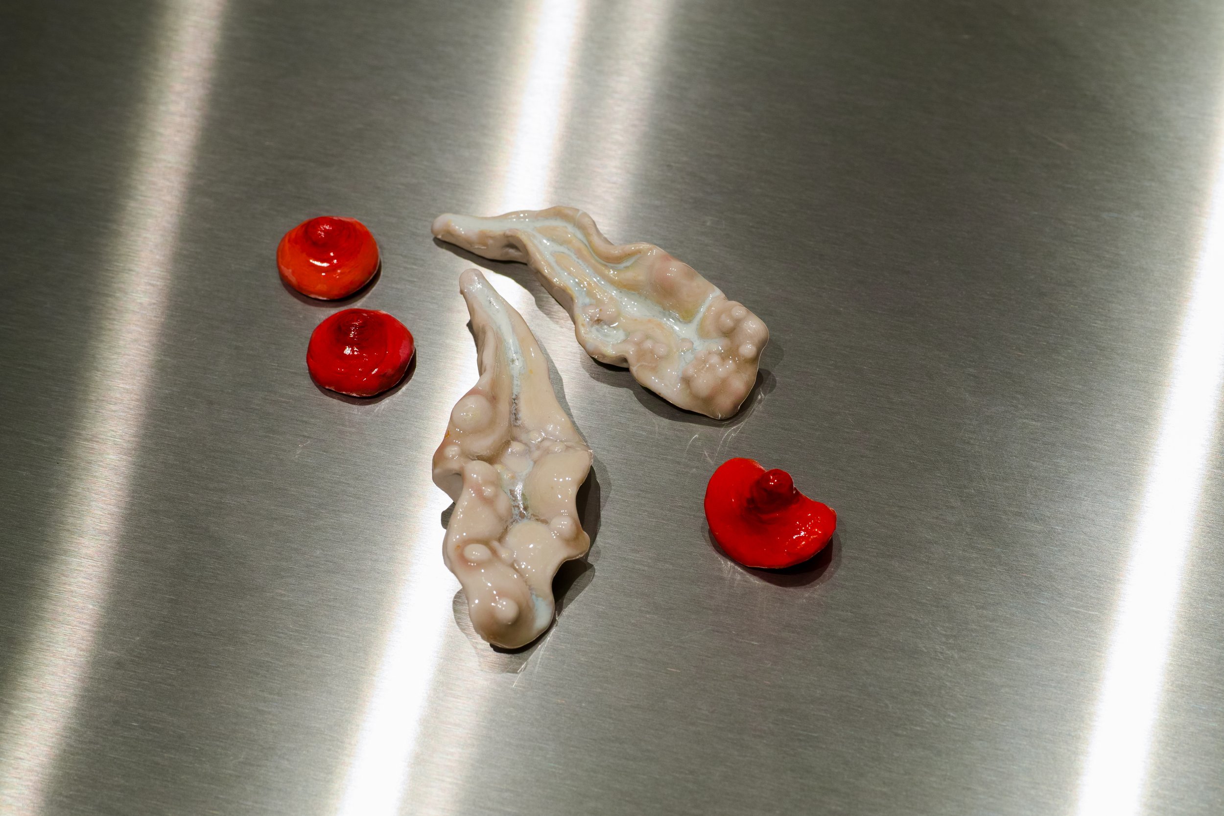 small ceramic artwork on reflective stainless steel surface