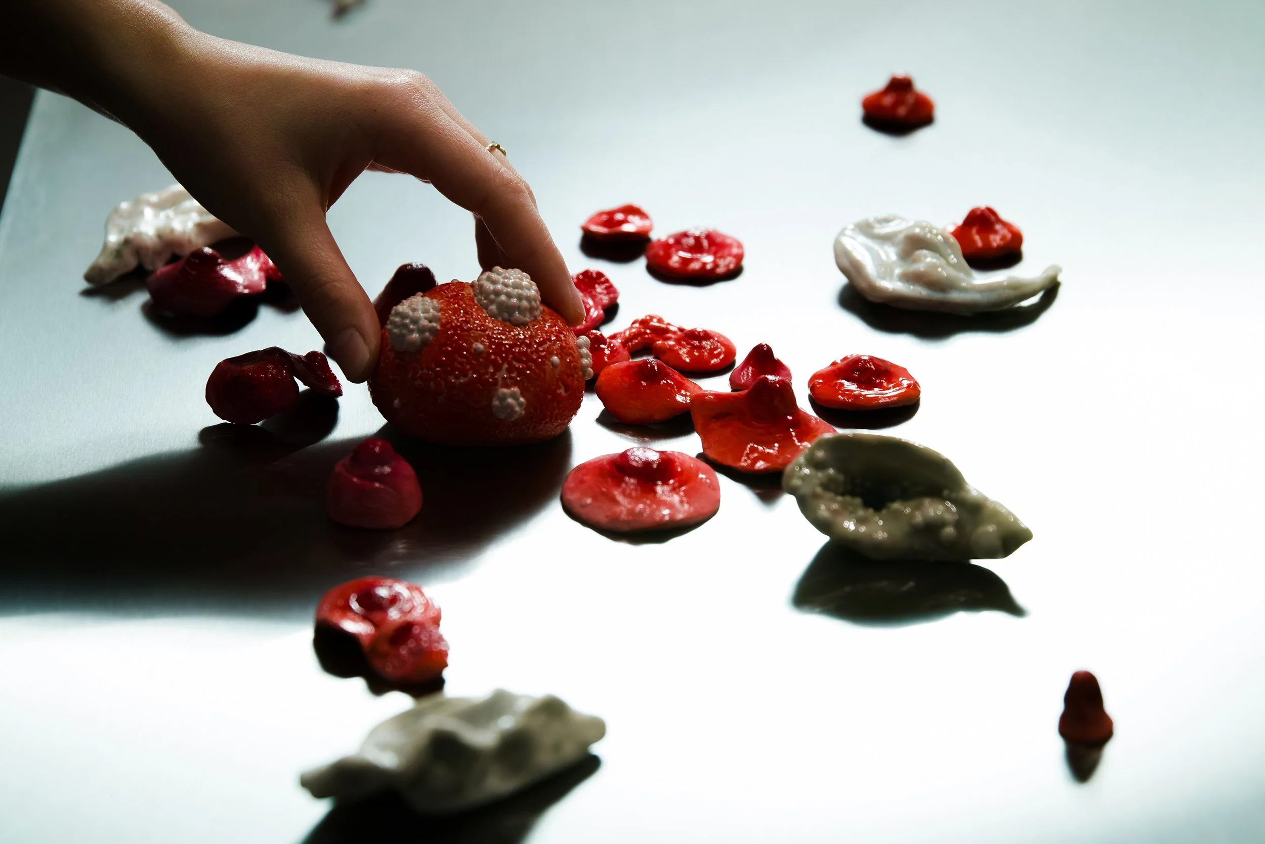 small ceramic artwork on reflective stainless steel surface