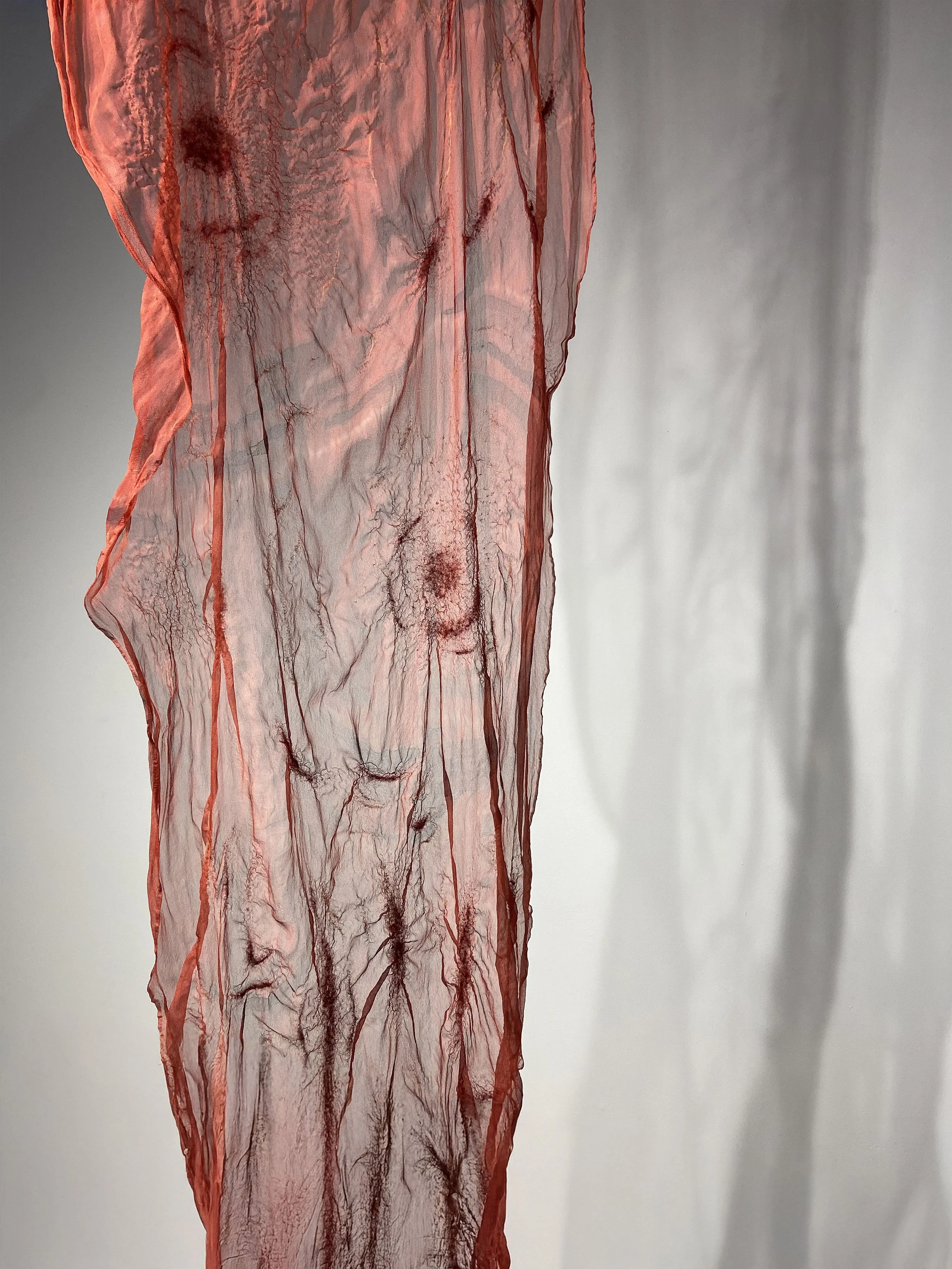 A piece of sheer, crinkled red fabric hanging vertically, casting a shadow on a plain wall.