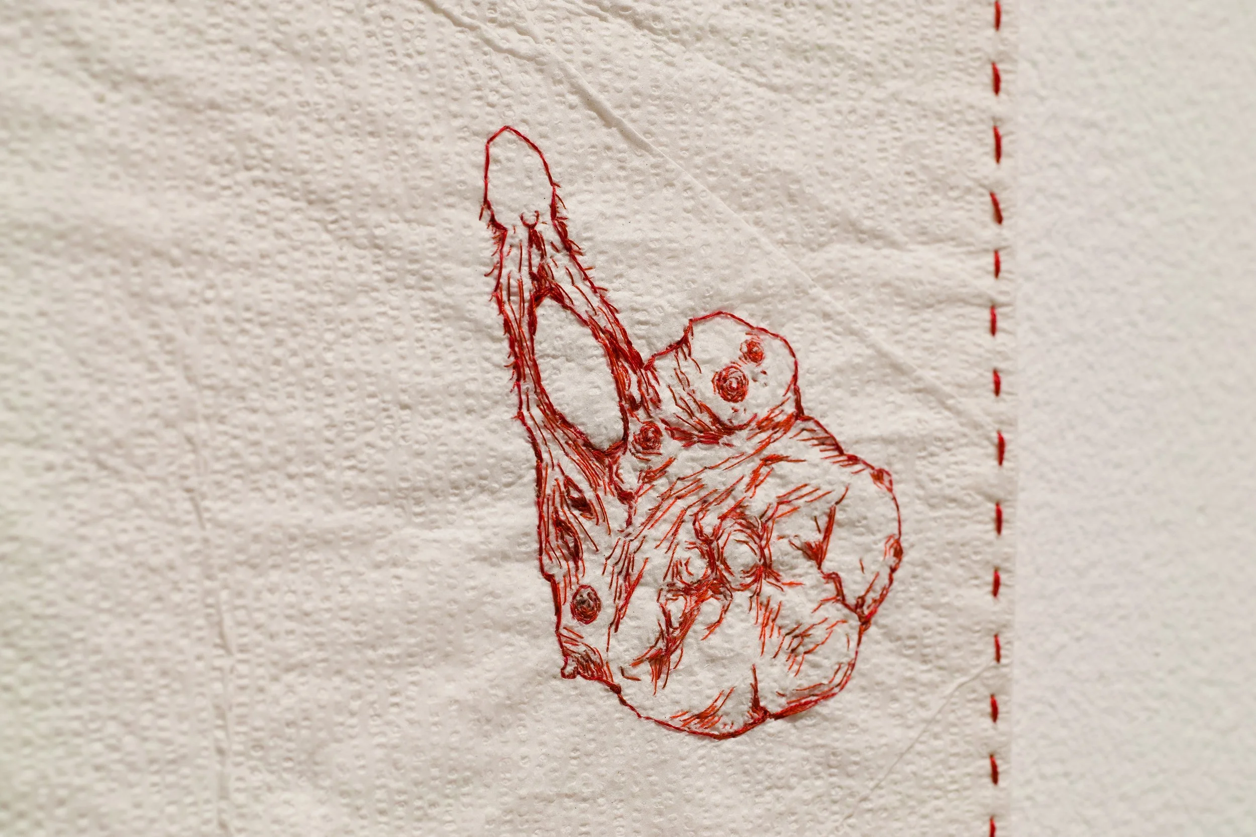 Close-up of a embroidery on medical drape wall piece that mimicks bumpy diseased flesh.