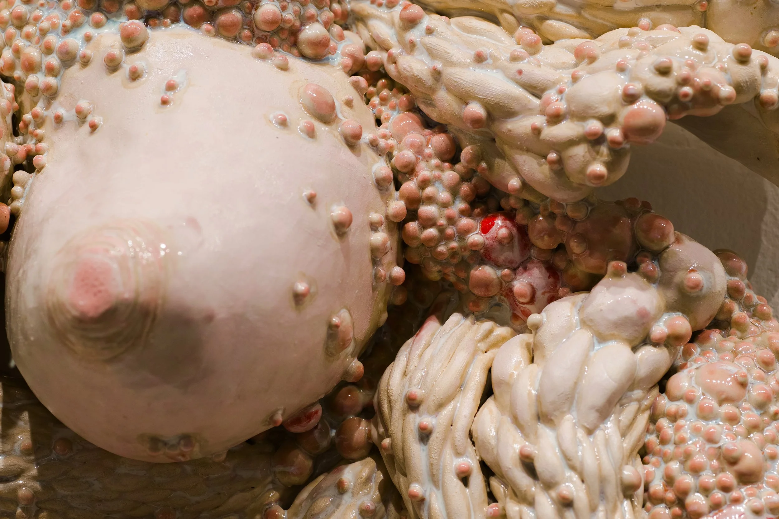Close-up of bumpy, textured, cream-colored surface with pinkish round protrusions.