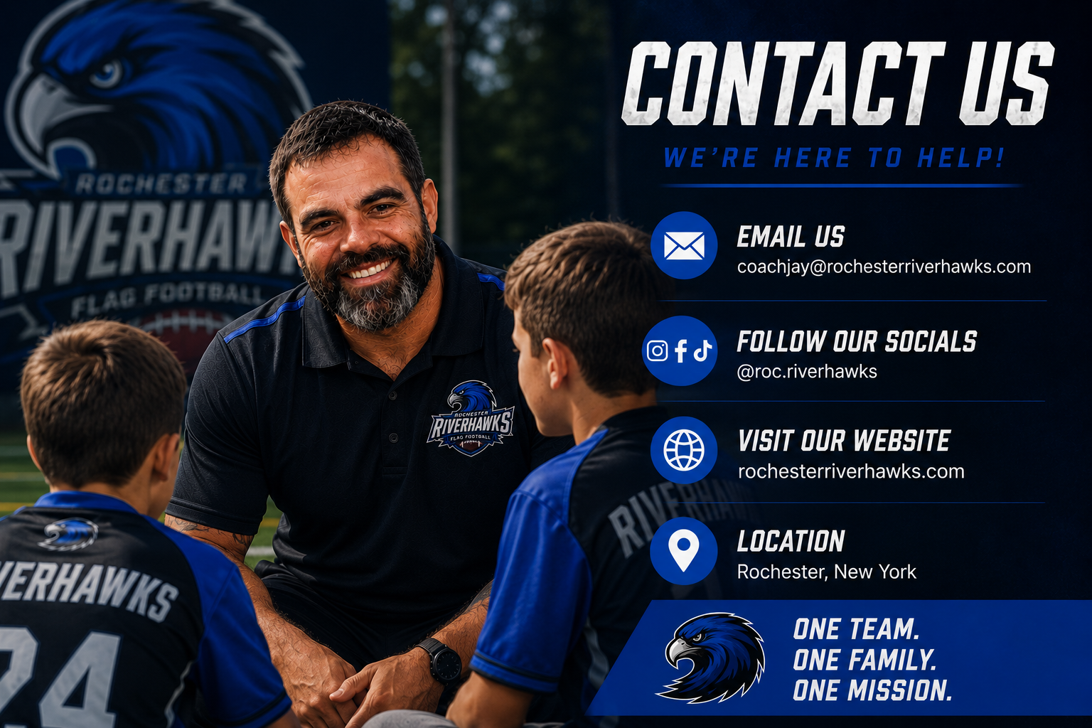 A smiling coach in a black polo shirt with the Rochester Riverhawks logo, coaching two young football players in blue jerseys with the same logo on a football field, with a large Rochester Riverhawks logo in the background and contact information overlaid on the right side.
