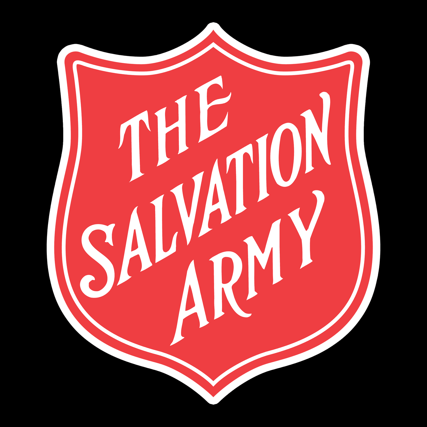 Red shield-shaped logo with the white text 'The Salvation Army' written diagonally across it on a black background.