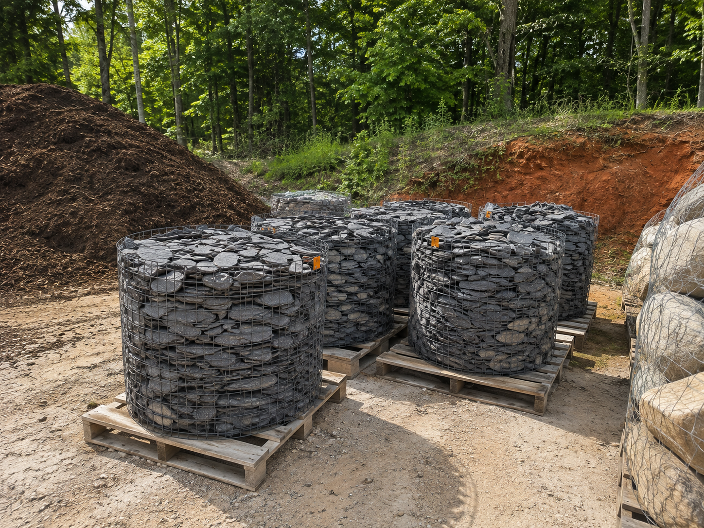 Stacks of flat black stones in wire cages on wooden pallets outdoors, surrounded by trees and dirt ground.