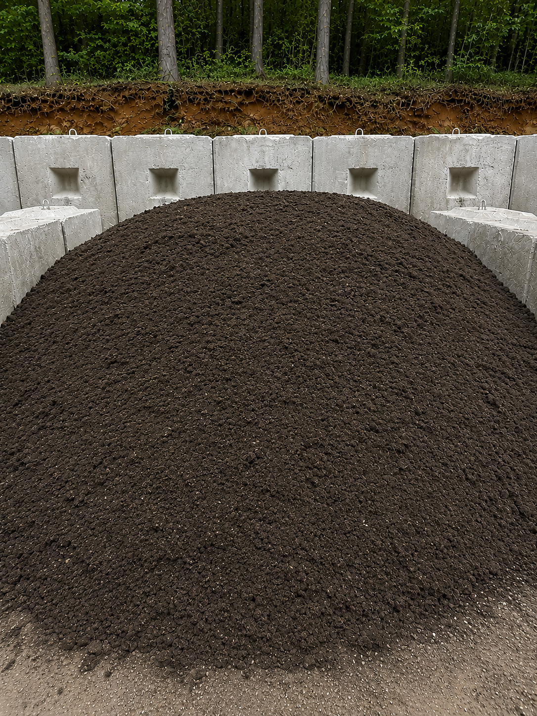 A large pile of dark, granular soil or compost in a white container with a patterned surface. The container is outdoors, with a background of trees and a soil embankment.