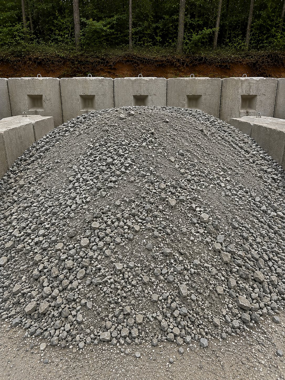 A large pile of gravel surrounded by concrete barriers outdoors, with a chain-link fence and green trees in the background.