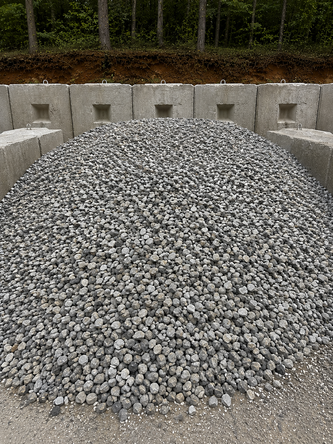 A large pile of small gravel stones in front of concrete barriers in an outdoor construction area with a wooded background.