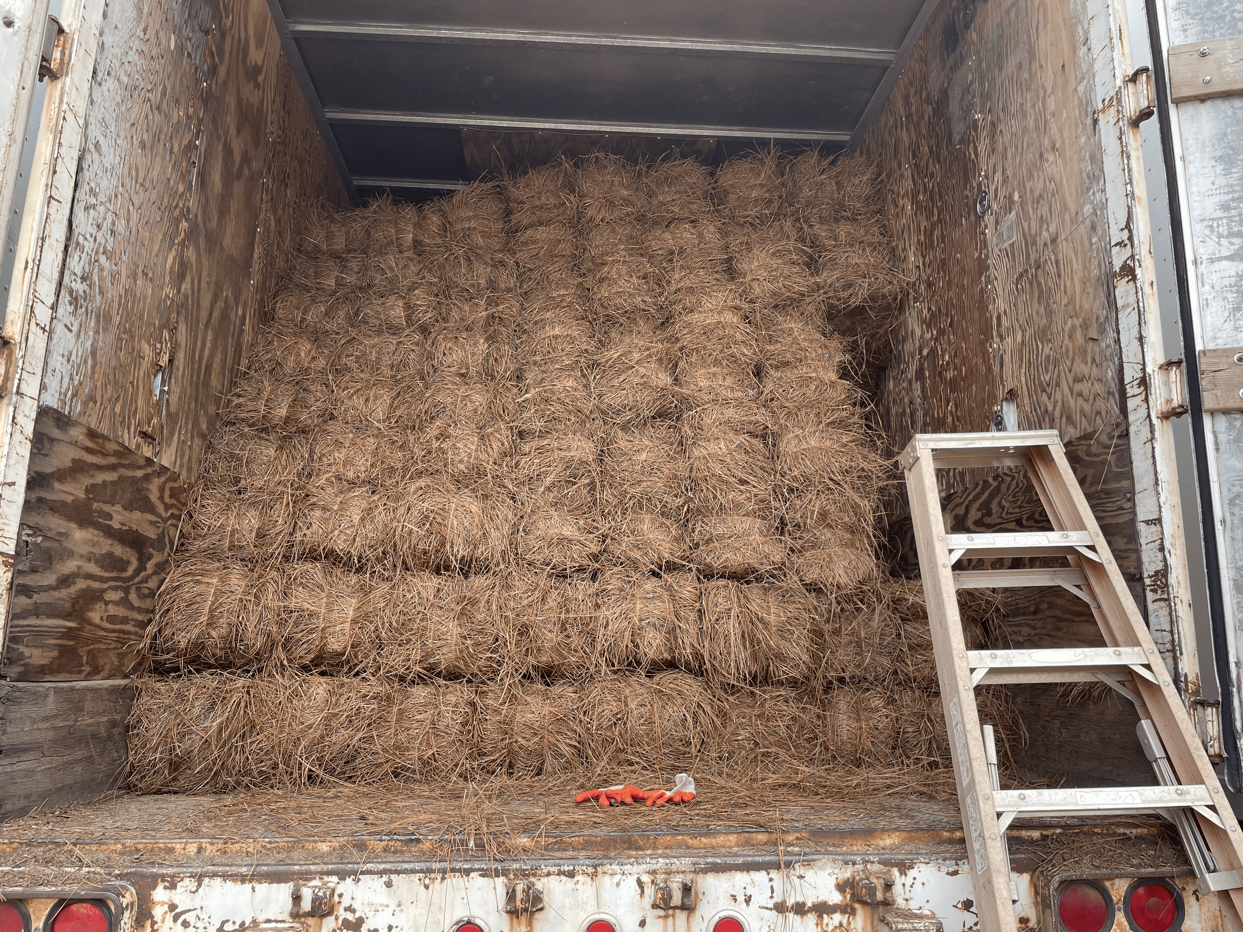 Interior of a truck trailer filled with large bales of hay stacked against the back wall. A small step ladder is leaning on the right side, and a pair of orange gloves are on the floor near the front.