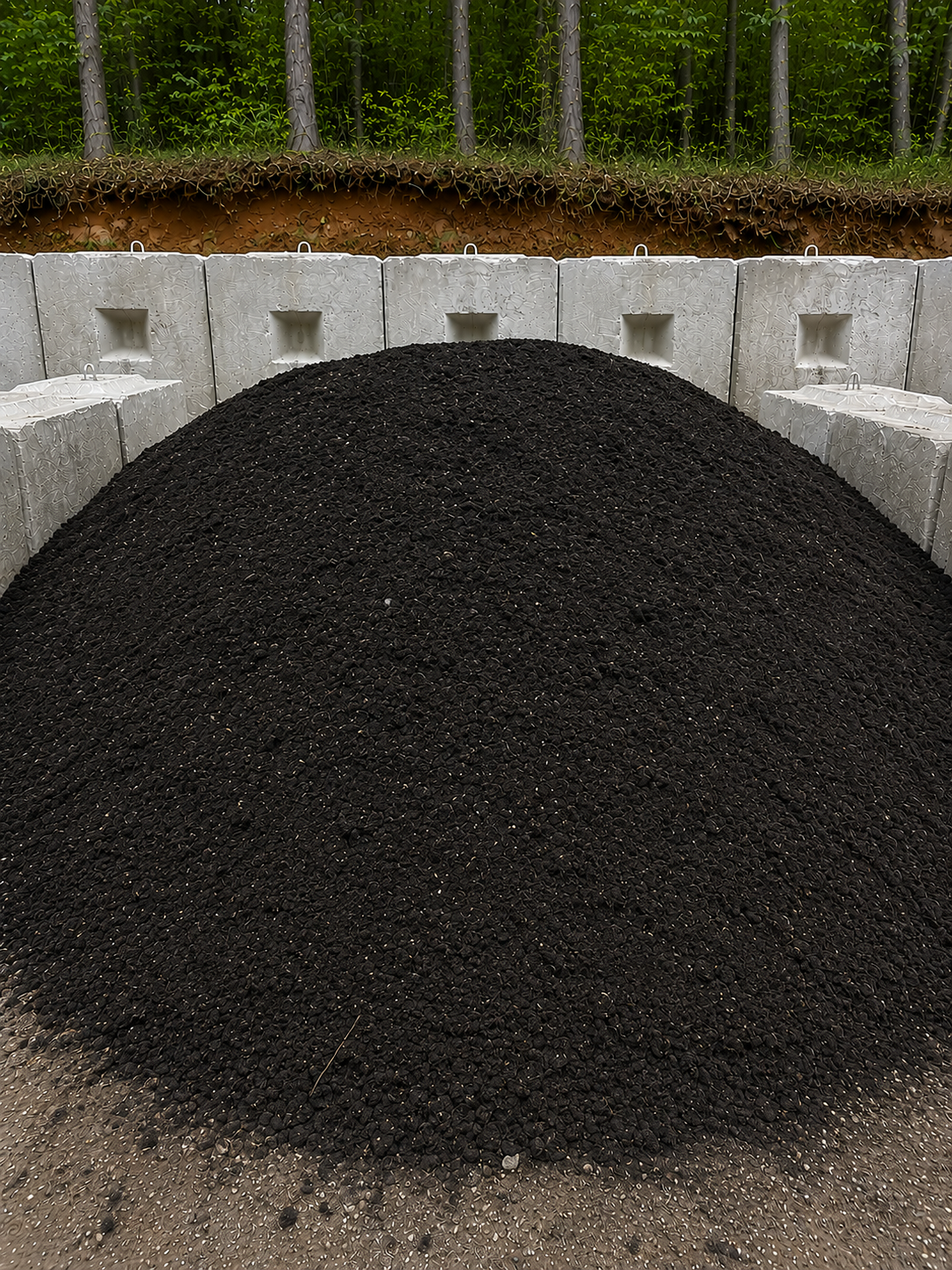 A pile of black compost or soil in a containment area with white plastic barriers, with a background of green trees and dense foliage.