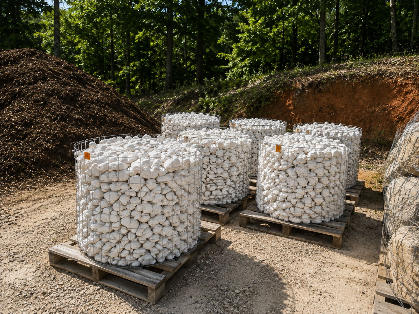 Large wire containers filled with white rocks are placed on wooden pallets outdoors, with a backdrop of green trees and dirt mounds.