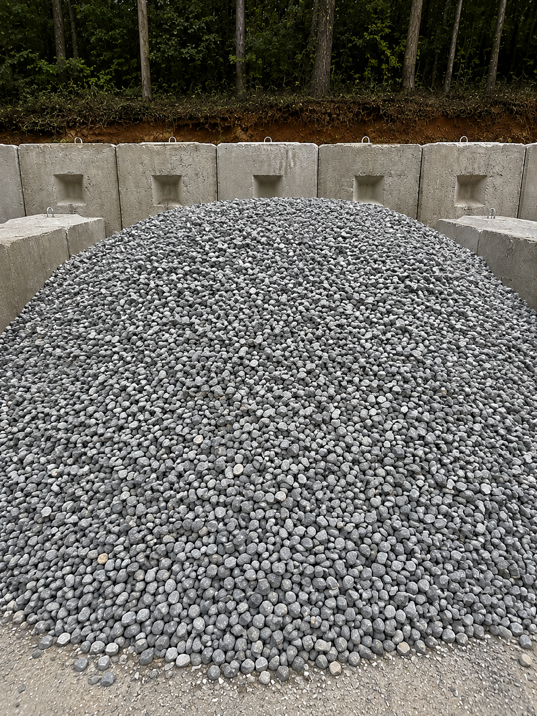 Pile of small gray stones surrounded by a circular concrete barrier with rectangular blocks behind it, set against a wooded backdrop.