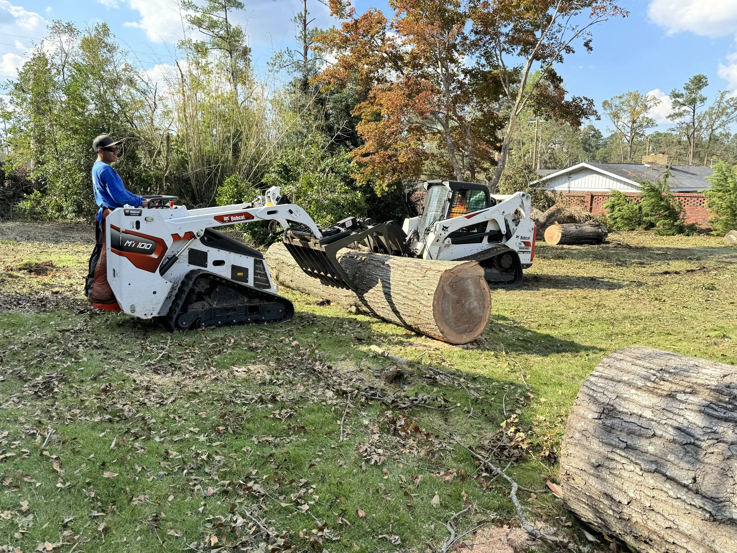 Person operating a Bobcat skid-steer loader cutting down a large tree trunk in a backyard with trees, a house, and a blue sky in the background.