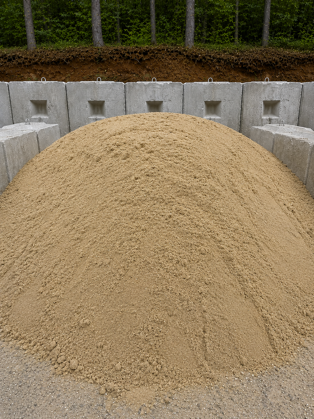 A large pile of sand enclosed by concrete blocks in an outdoor setting, with a background of trees and greenery.